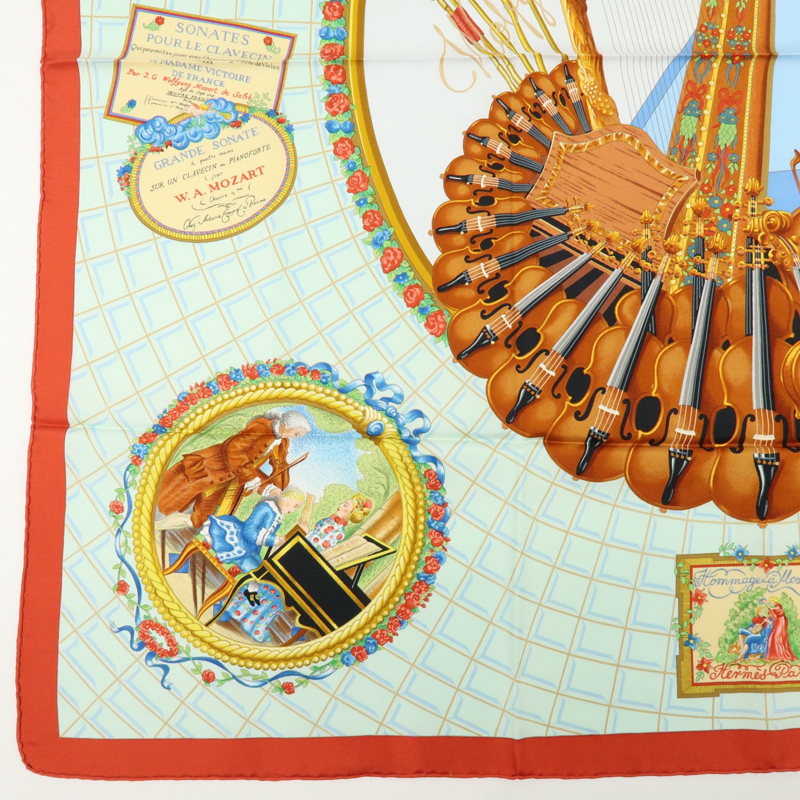 HERMES Carre 90 Silk 100% Scarf Wolfgang Amadeus Mozart Red Brown