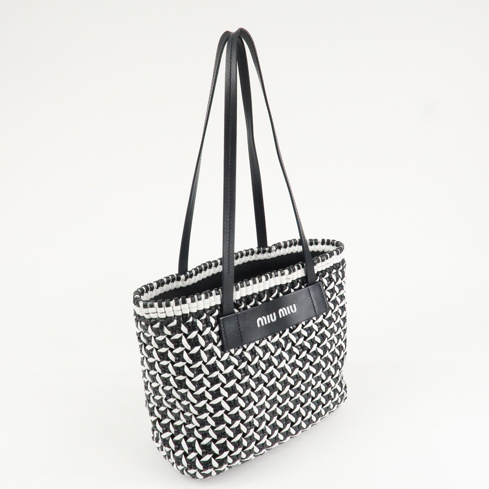 MIU MIU Leather Braid Tote Bag Shoulder Bag Black White 5BG193 Used