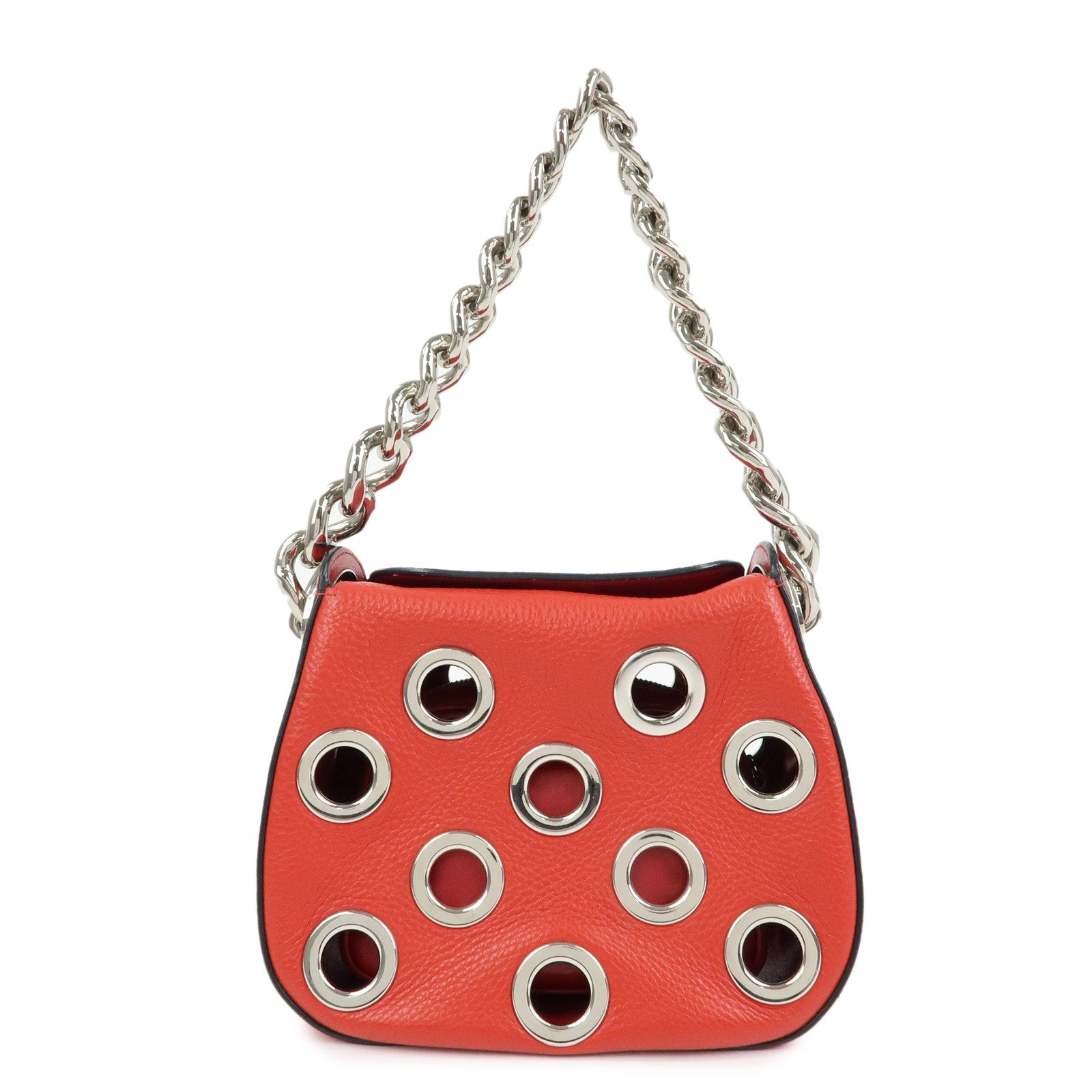 PRADA Grommet Leather Chain Shoulder Bag Hand Bag Red