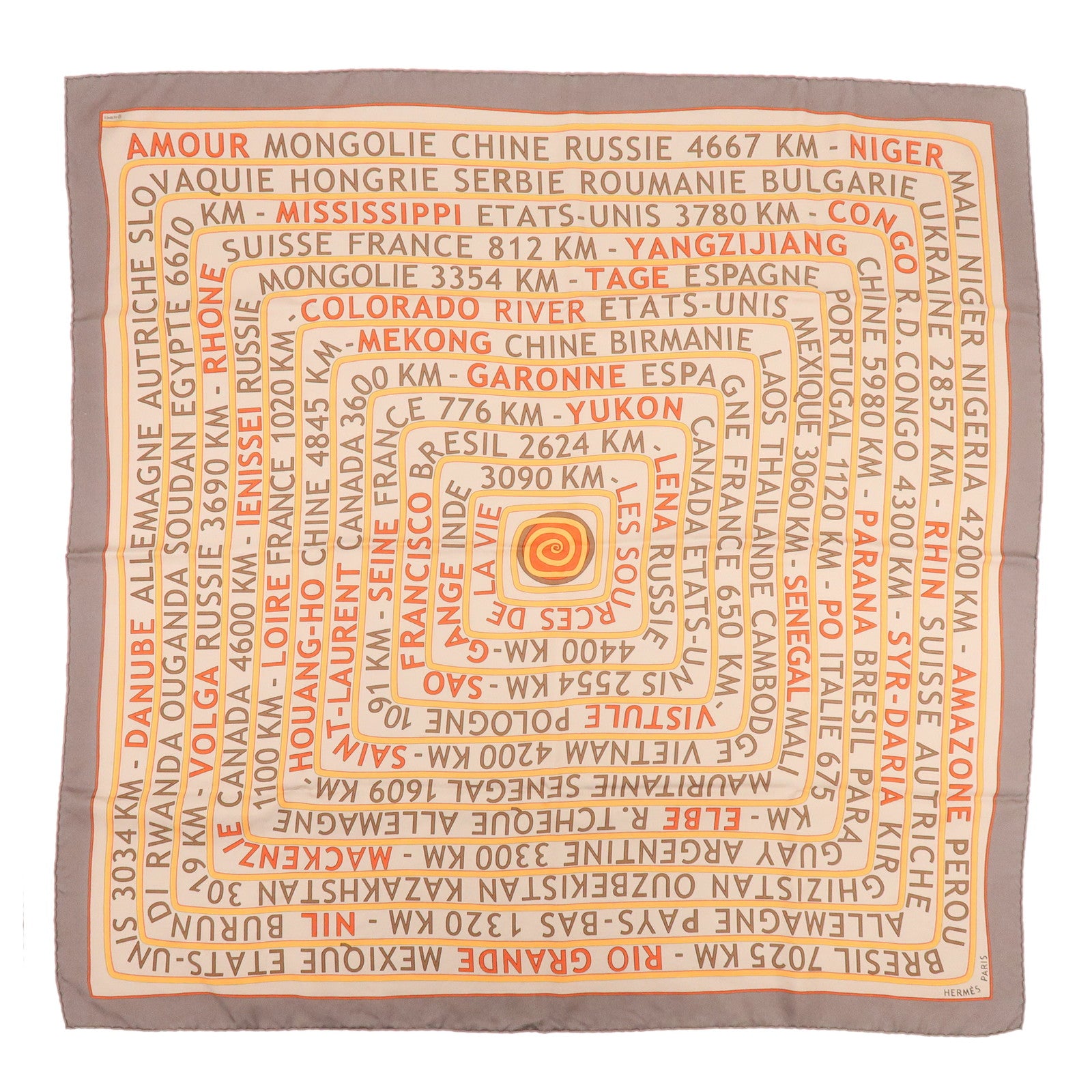 HERMES Carre 90 Silk 100% Scarf LES SOURCES DE LA VIE Brown Orange