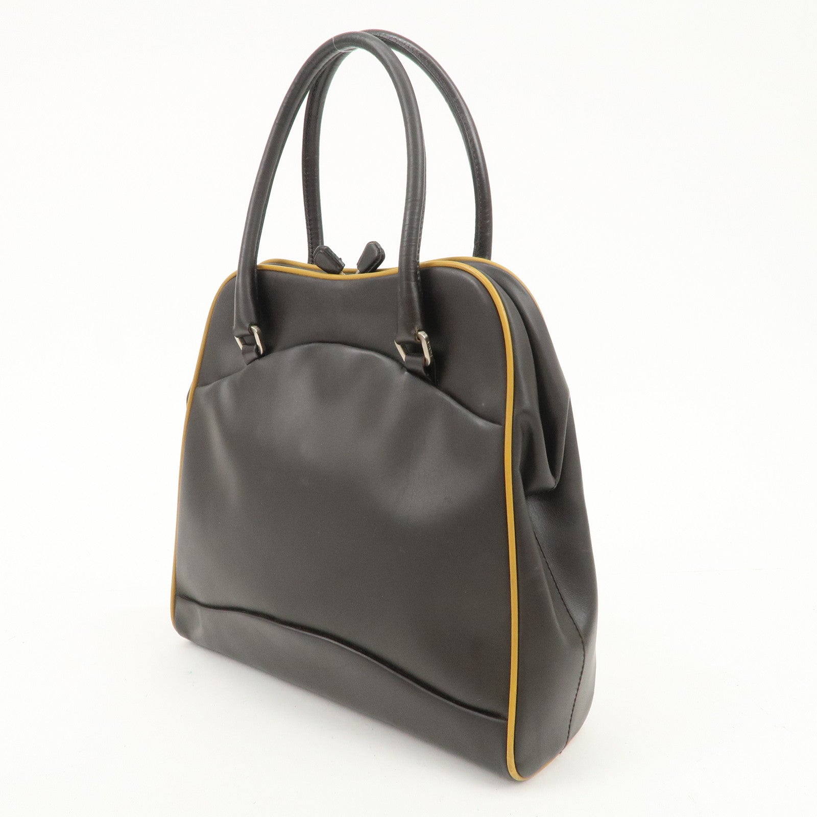PRADA Triangle Logo Leather Tote Bag Hand Bag Beige Dark Brown Used