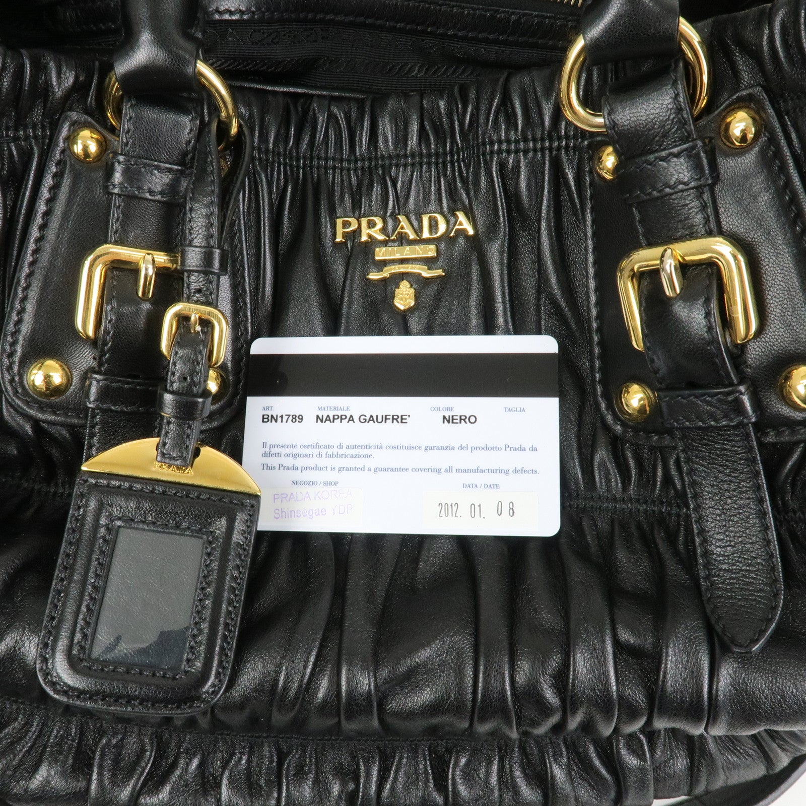 PRADA Leather Gathered 2Way Shoulder Bag Hand Bag Black BN1789