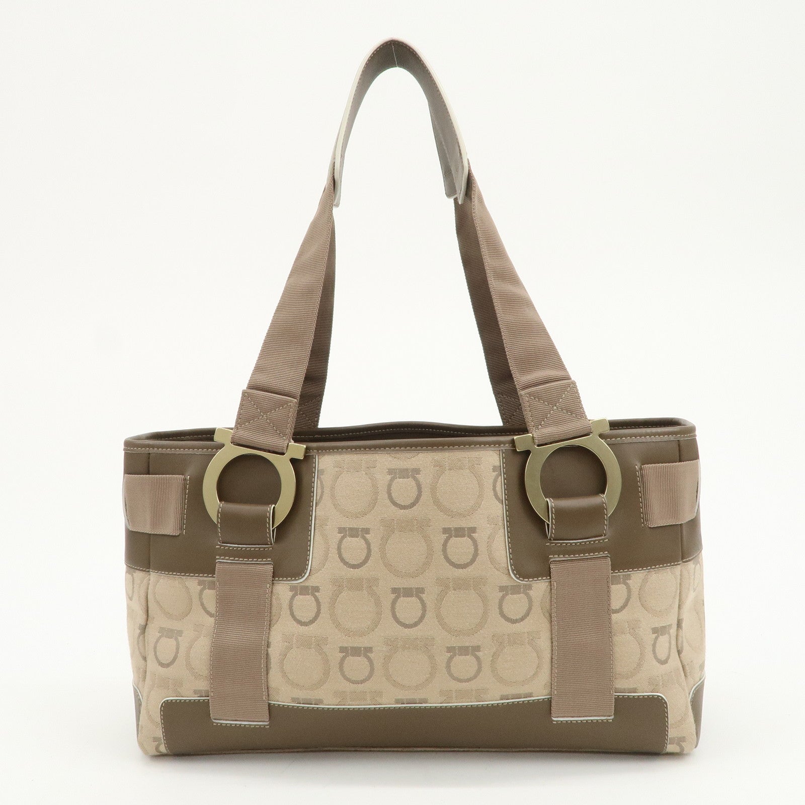 Ferragamo Gancini Canvas Leather Tote Bag Shoulder Bag Beige Brown