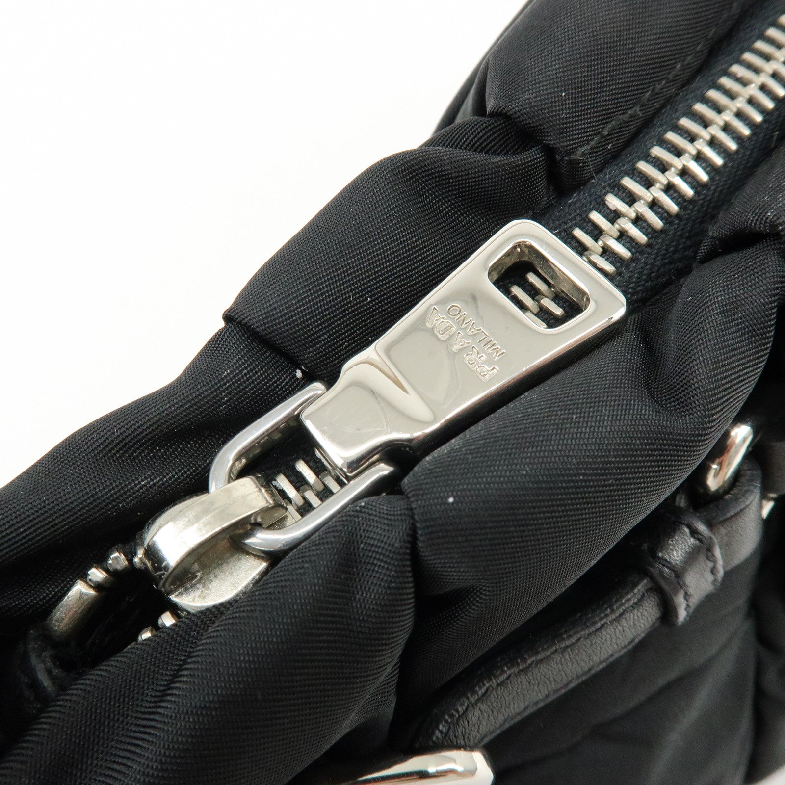 PRADA Logo Nylon Puffy Leather Shoulder Bag Hand Bag Black Silver