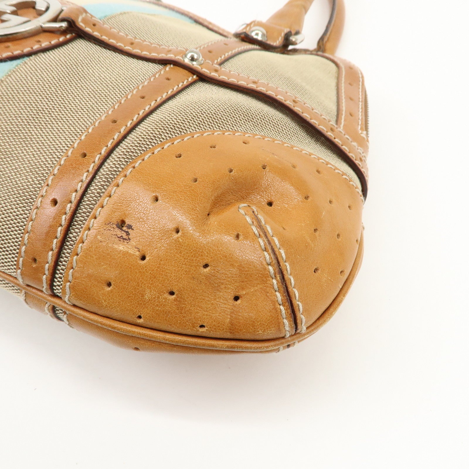 GUCCI Interlocking G Sherry Leather Canvas Hand Bag Beige 114882 Used