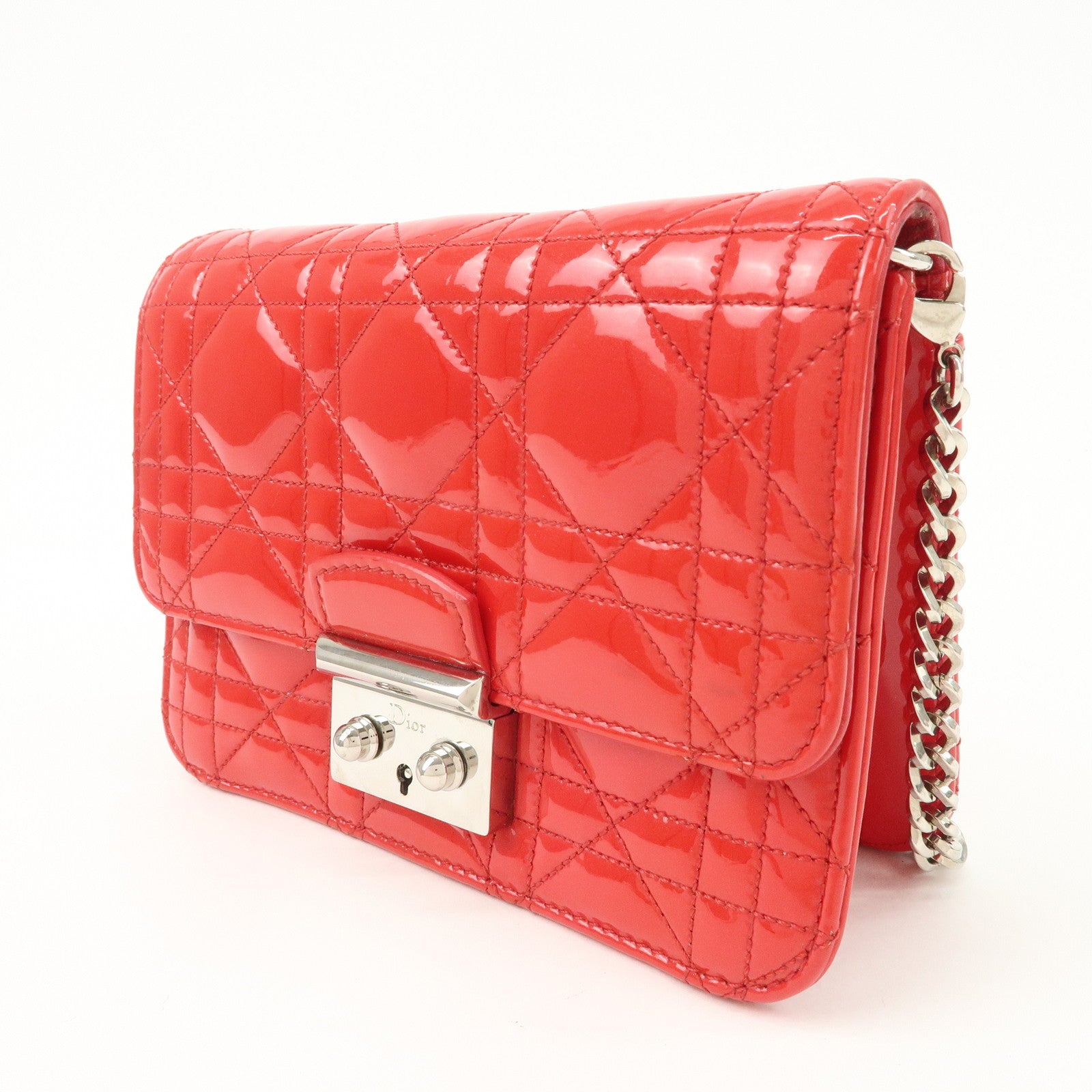 Christian Dior Cannage Patent Leather Chain Shoulder Bag COW Red Used