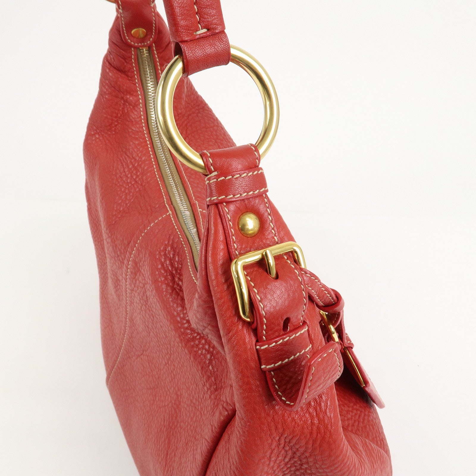 PRADA Logo Leather Shoulder Bag Hand Bag Red BR4373