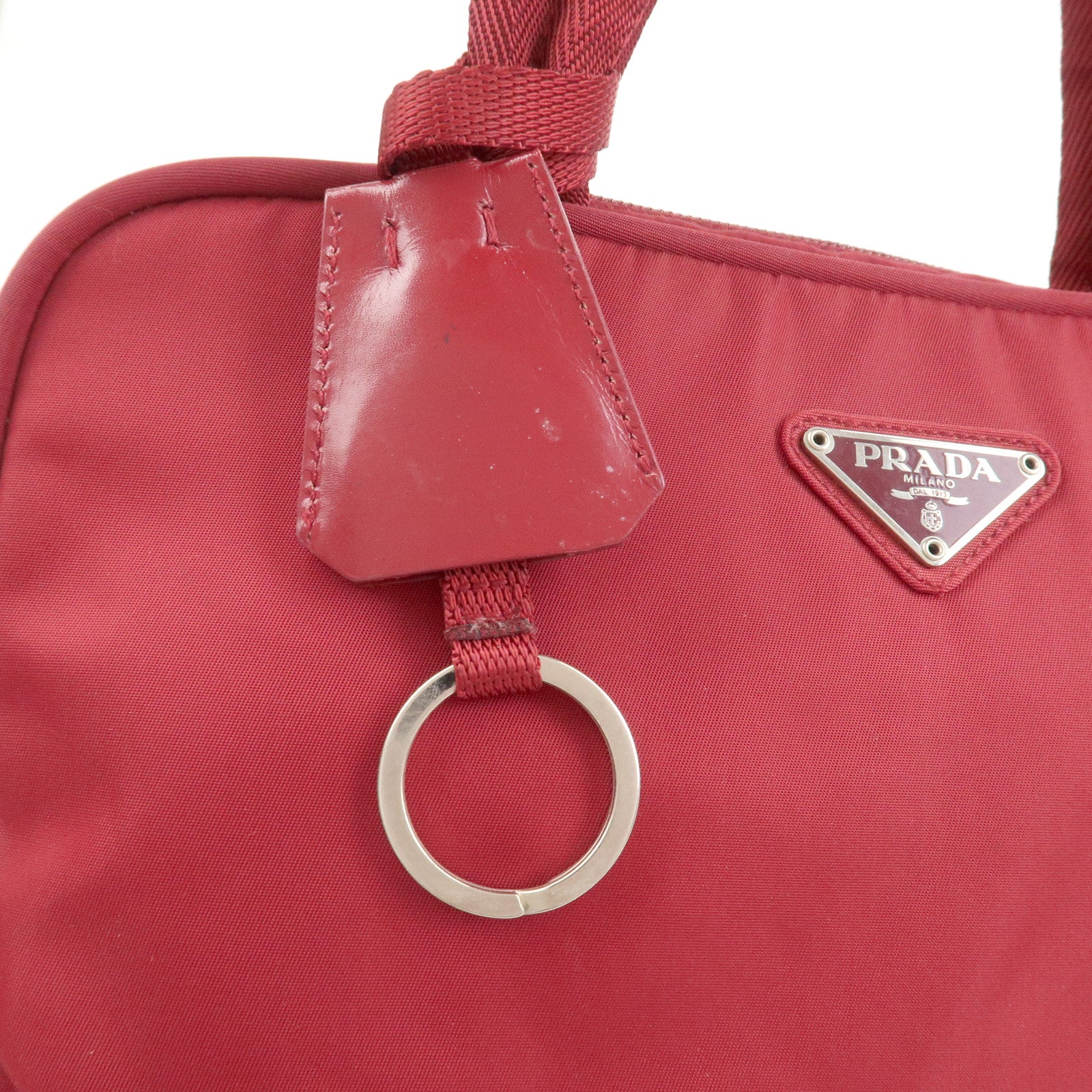 PRADA Triangle Logo Nylon Leather Hand Bag Wine Red B8495