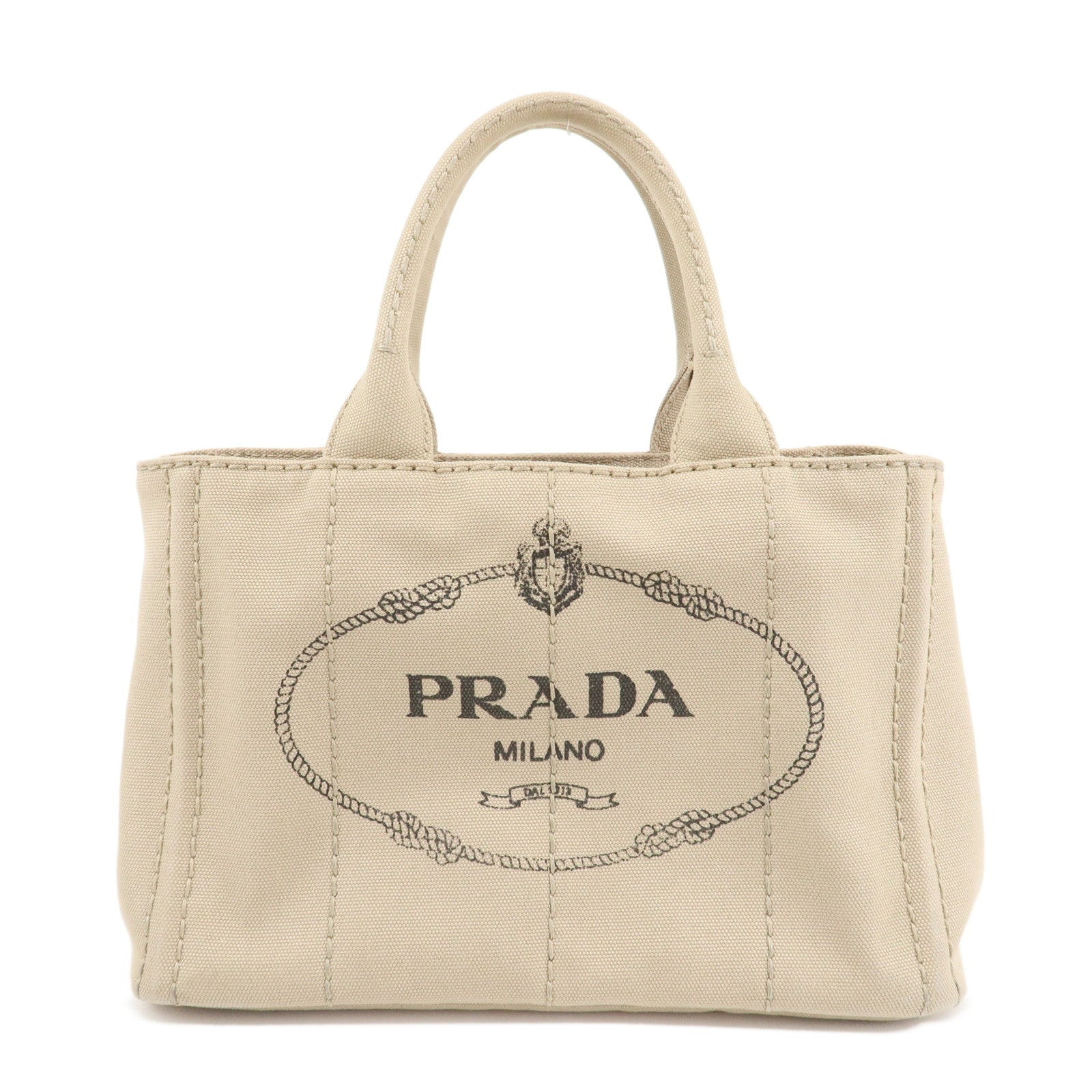 PRADA Logo Canapa Mini Canvas Tote Bag Hand Bag Beige 1BG439 Used