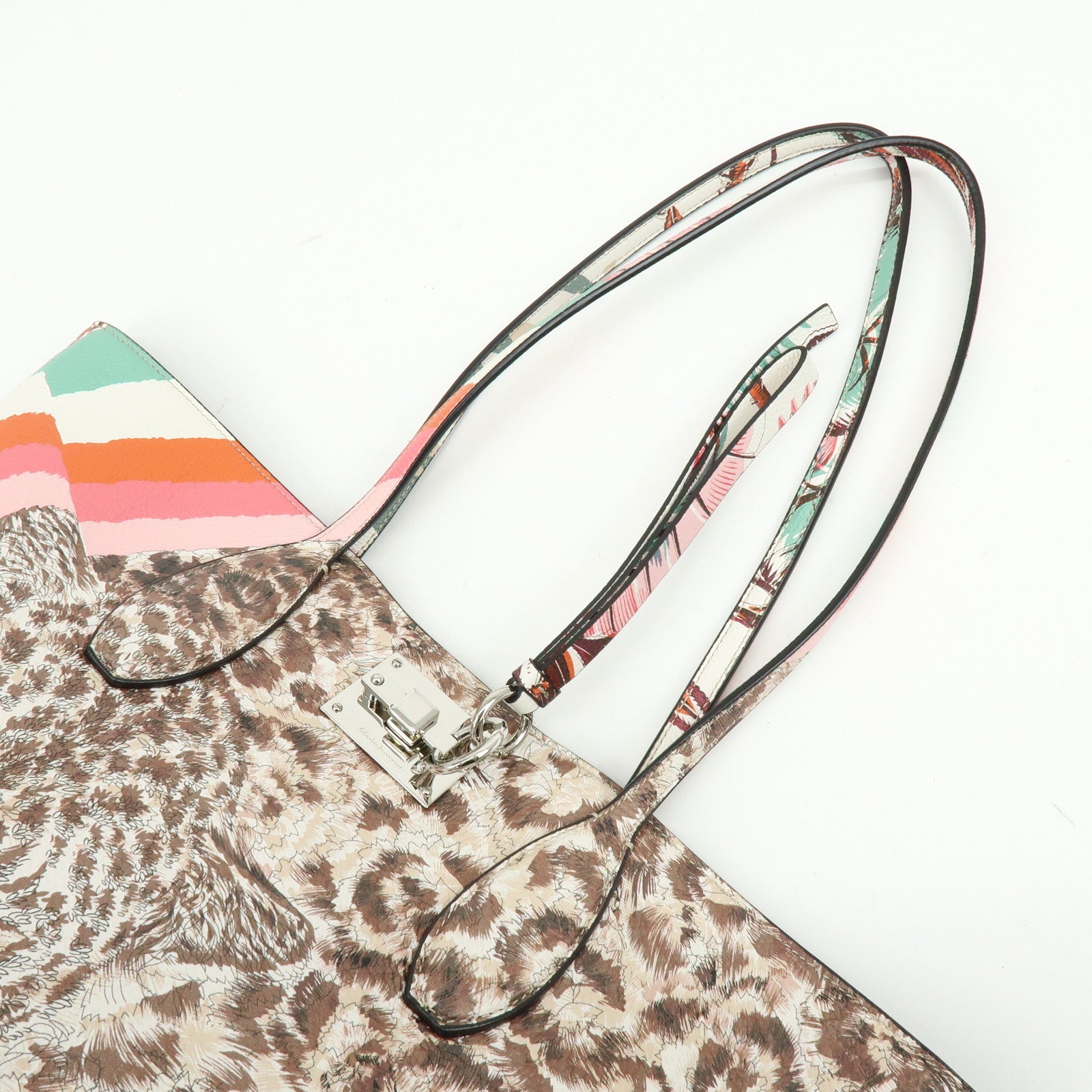 Ferragamo Gancini Leather Tote Bag Shoulder Bag Flower Print