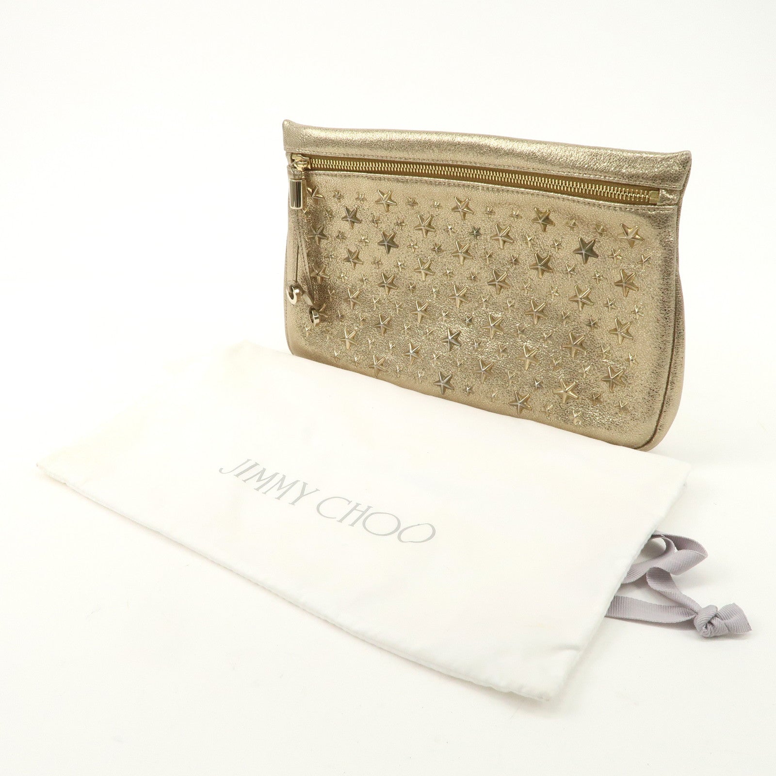 JIMMY CHOO Star Studs Leather Clutch Bag Gold Used