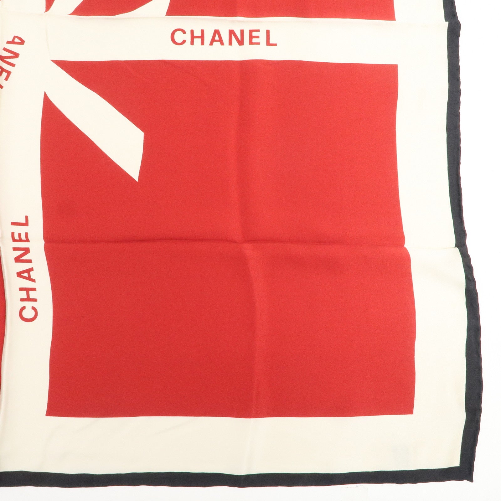 CHANEL Silk 100% 86×86 Scarf Shawl Ivory Red Black