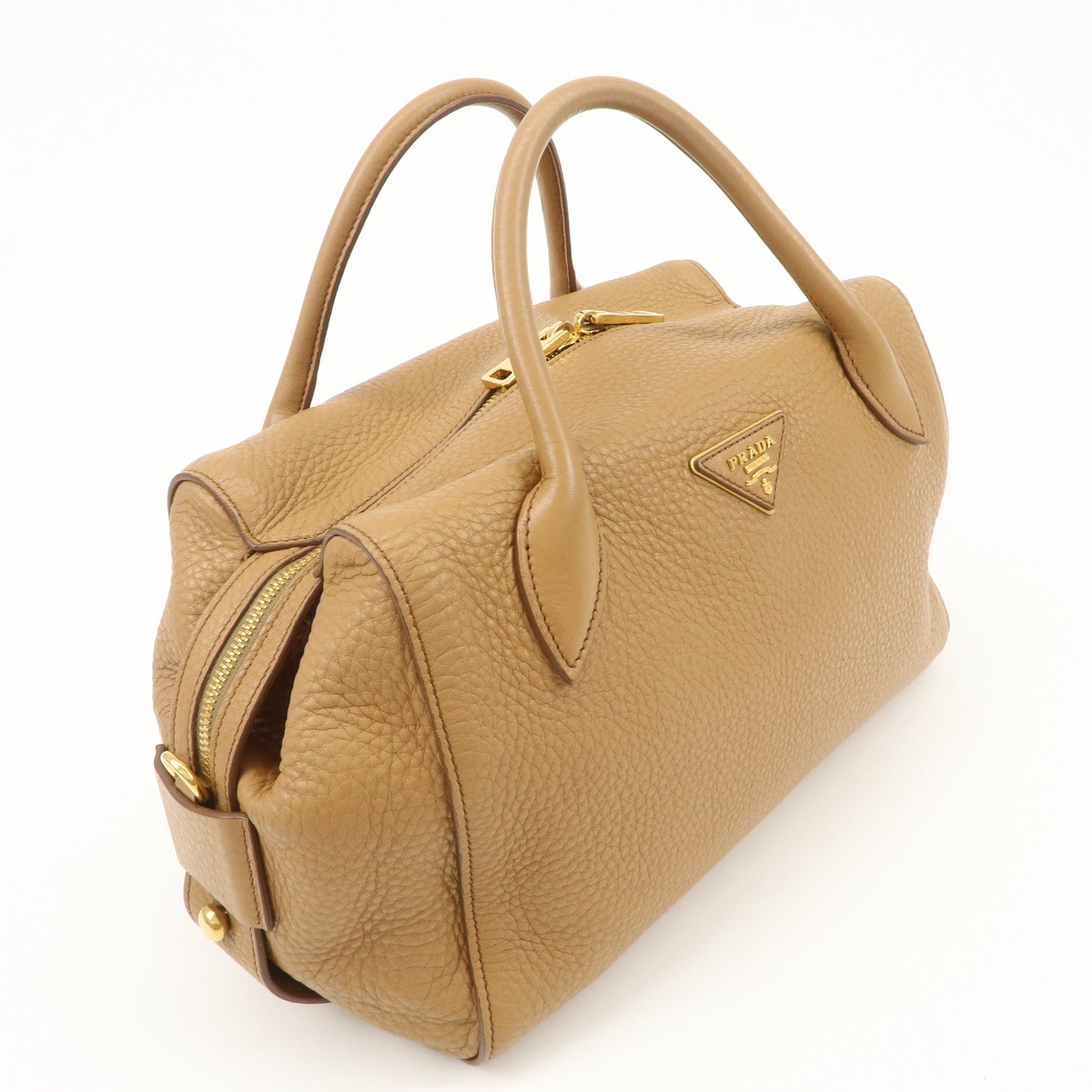 PRADA Triangle Logo Leather 2Way Bag Boston Bag Hand Bag Brown 1BB031 Used