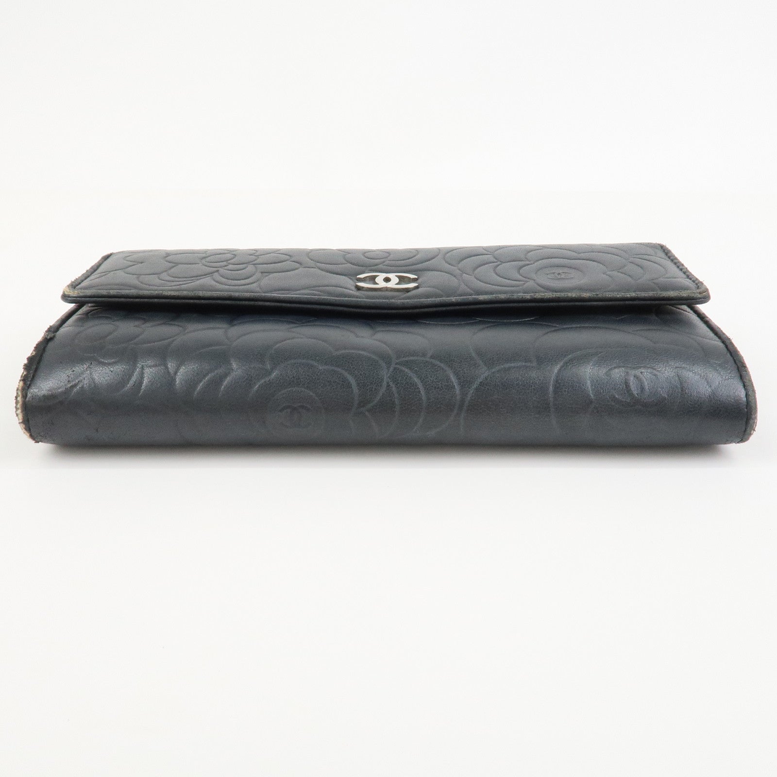 CHANEL Camellia Lambskin Long Wallet Black Silver