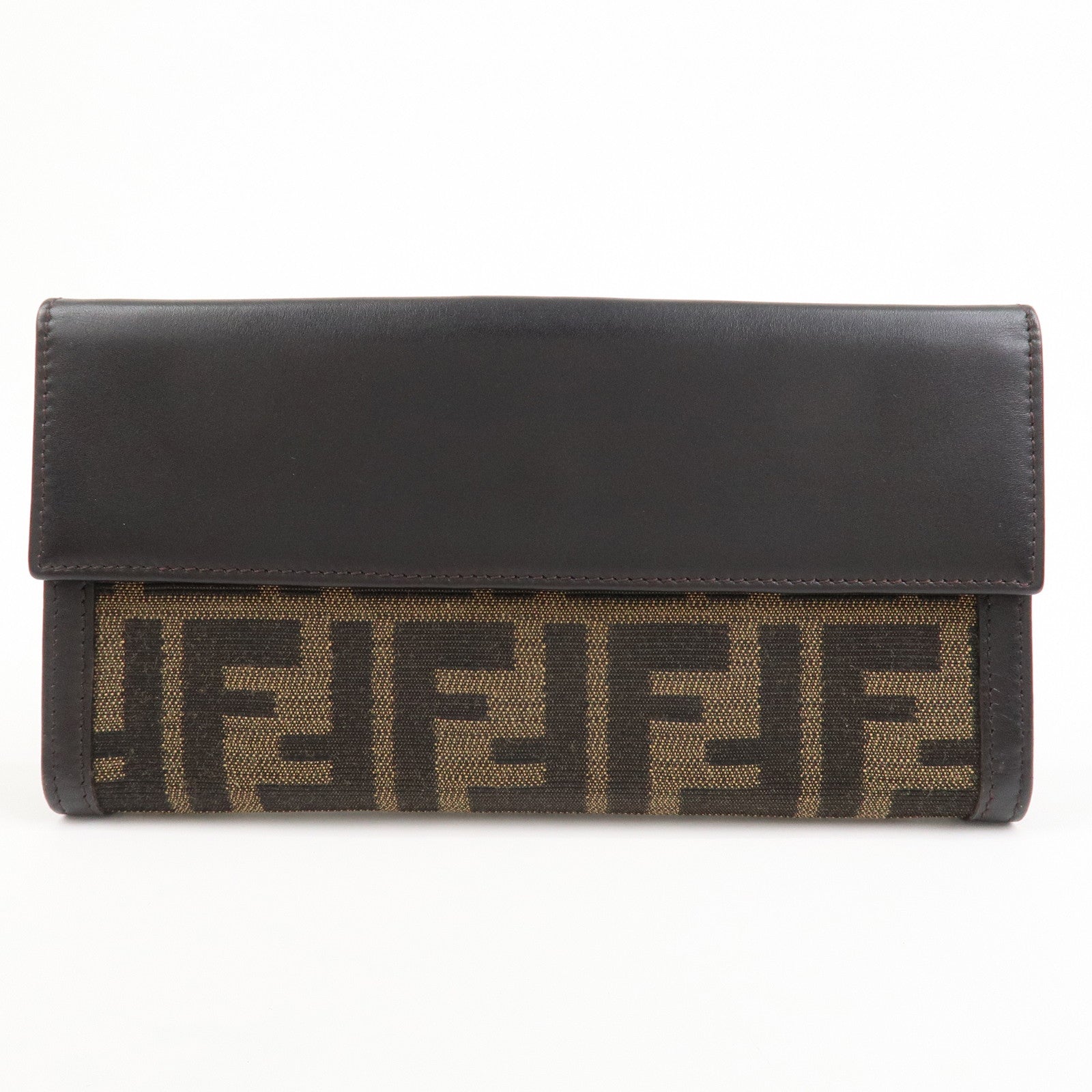 FENDI Canvas Leather Bi-fold Long Wallet Brown 8M0112
