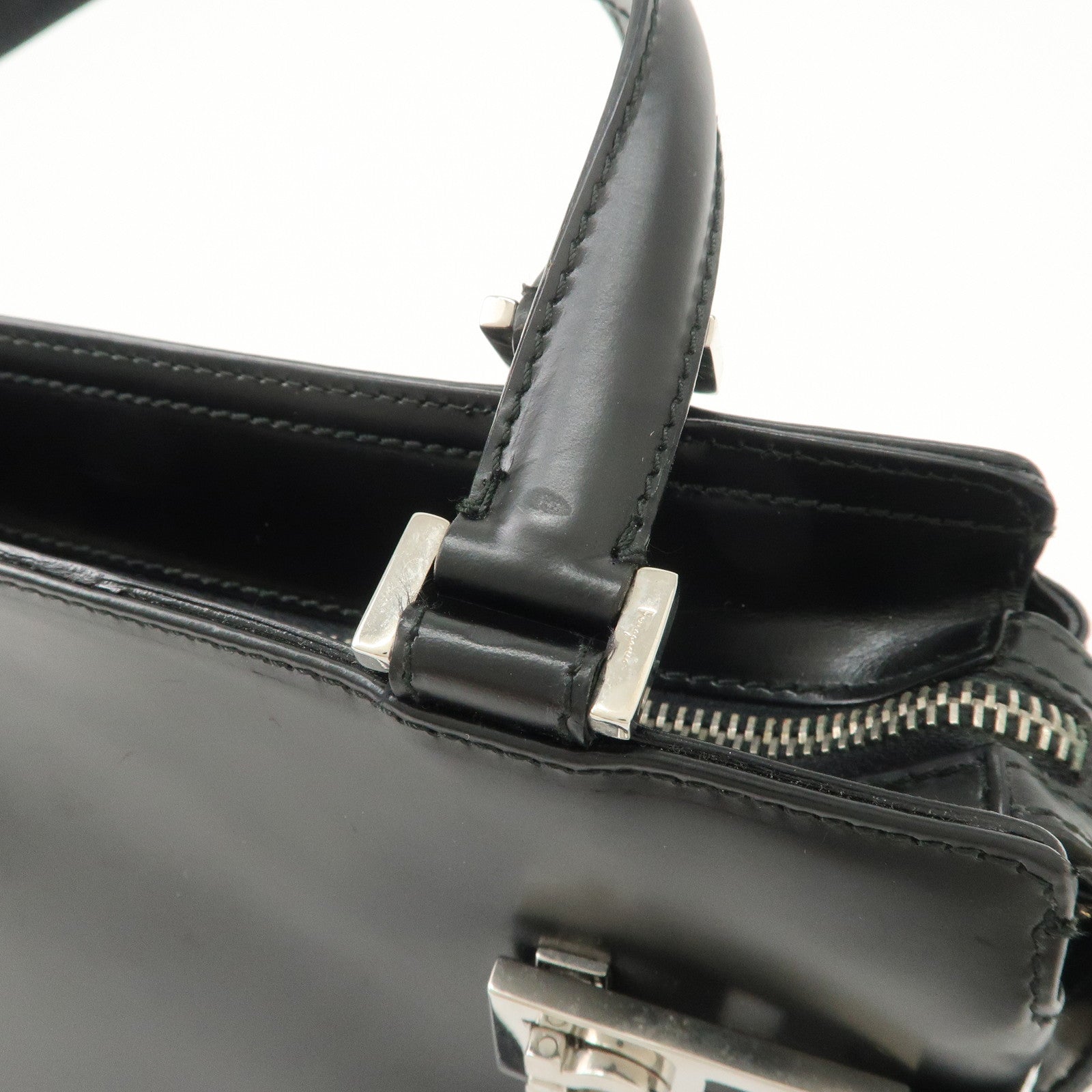 Ferragamo Gancini Leather 2Way Hand Bag Shoulder Bag Black Used