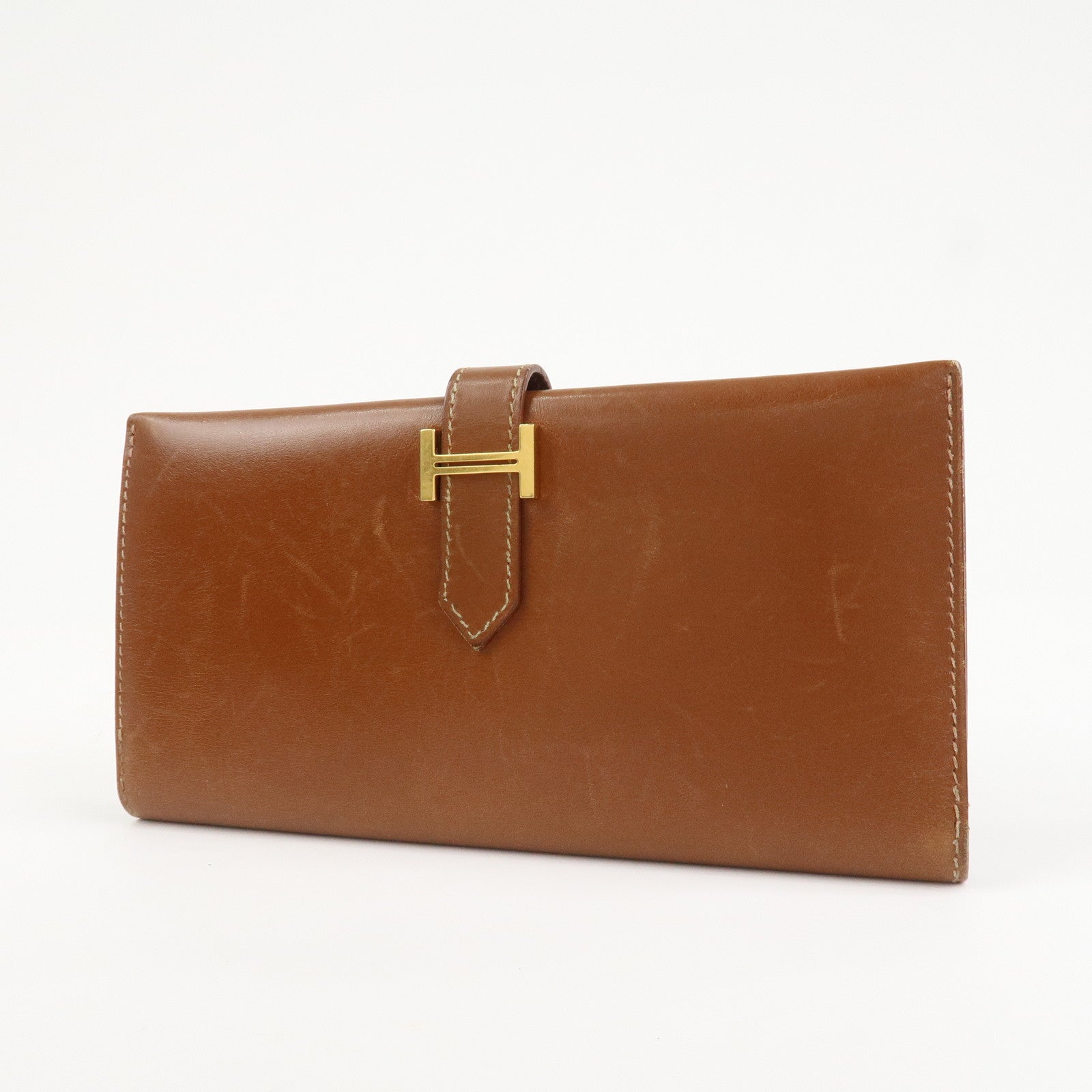HERMES Bearn Classic Box Calf □O Stamped Bi-Fold Long Wallet Brown