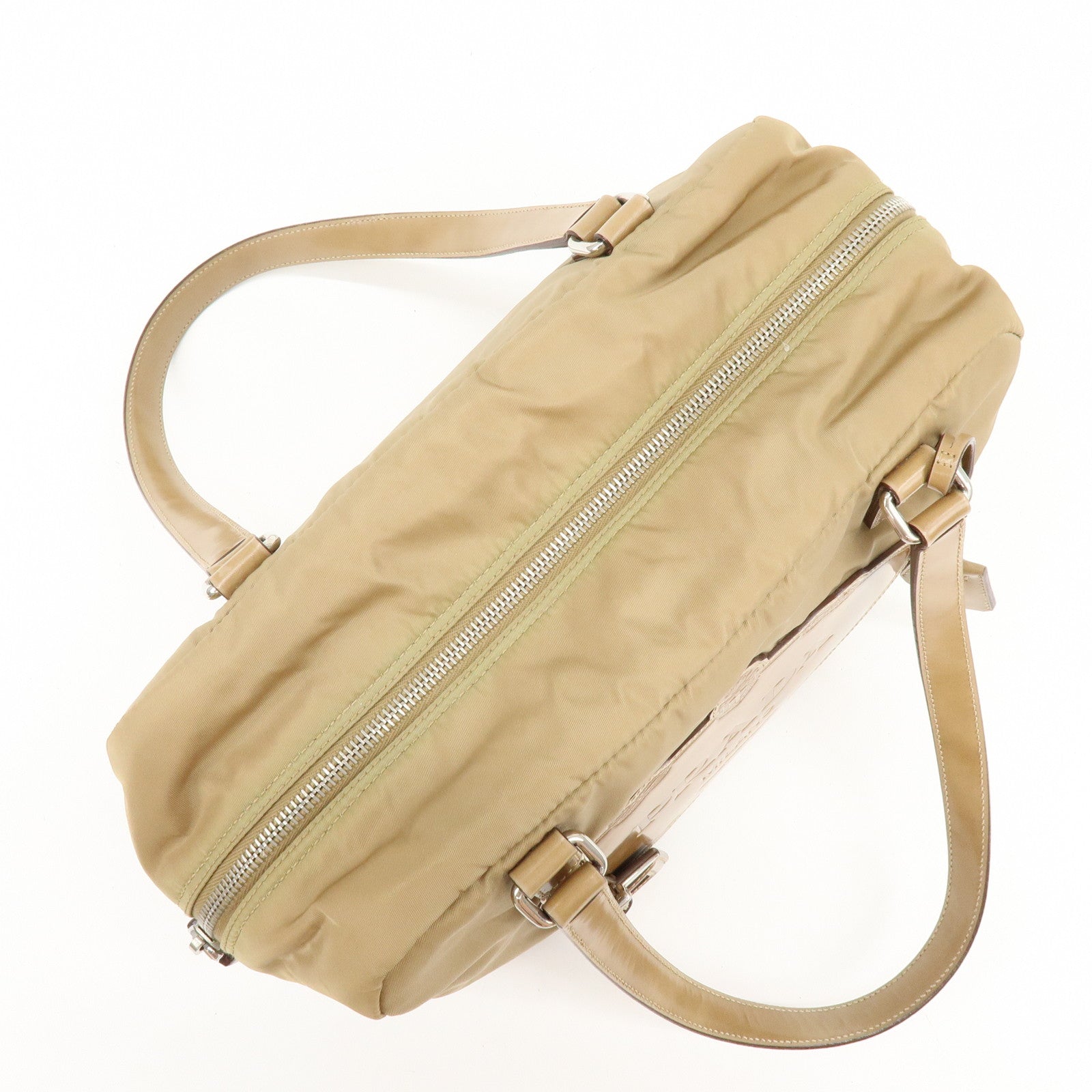 PRADA Logo Nylon Leather Shoulder Bag Boston Bag Beige BR3150