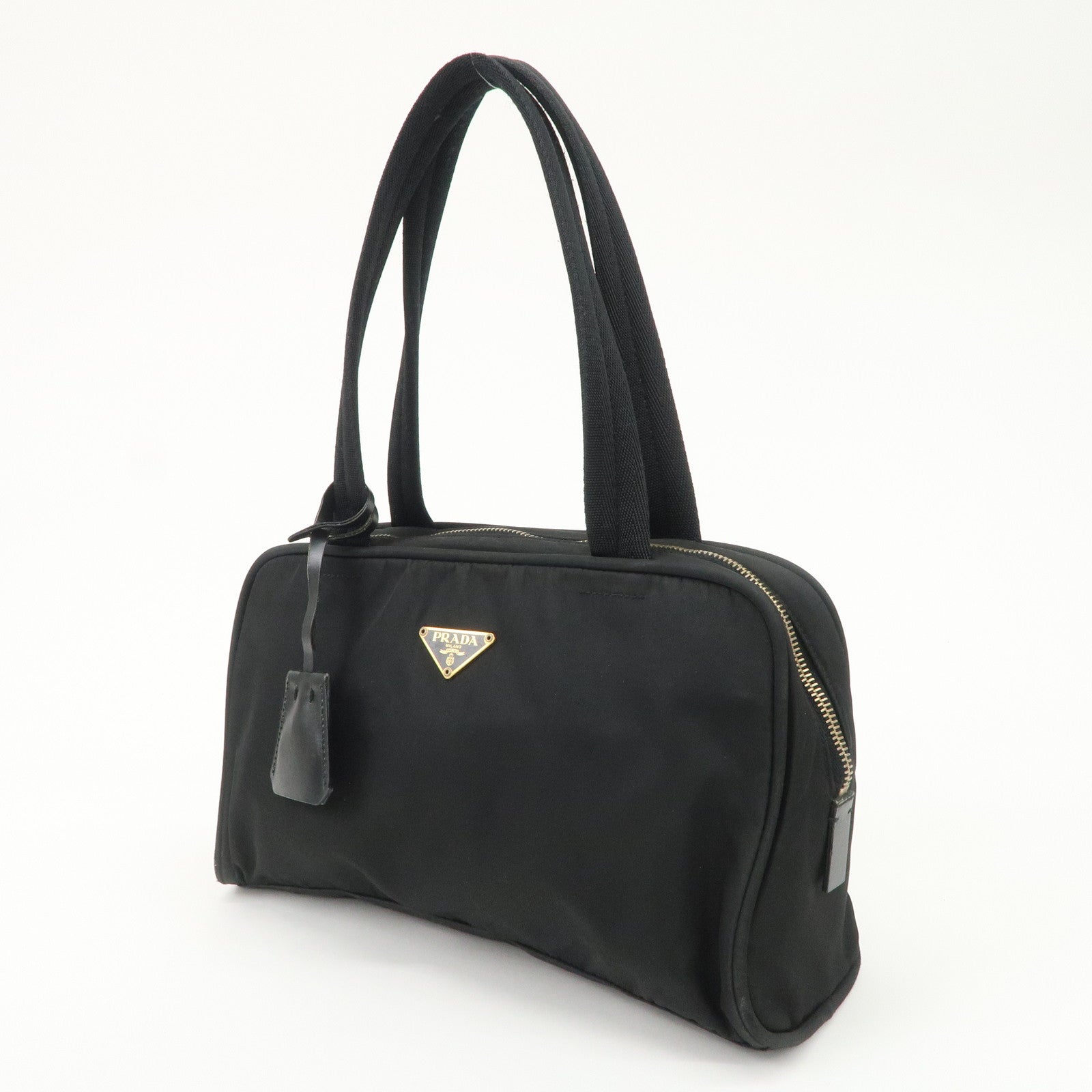 PRADA Triangle Logo Leather Nylon Hand Bag Shoulder Bag Black BR0141 Used
