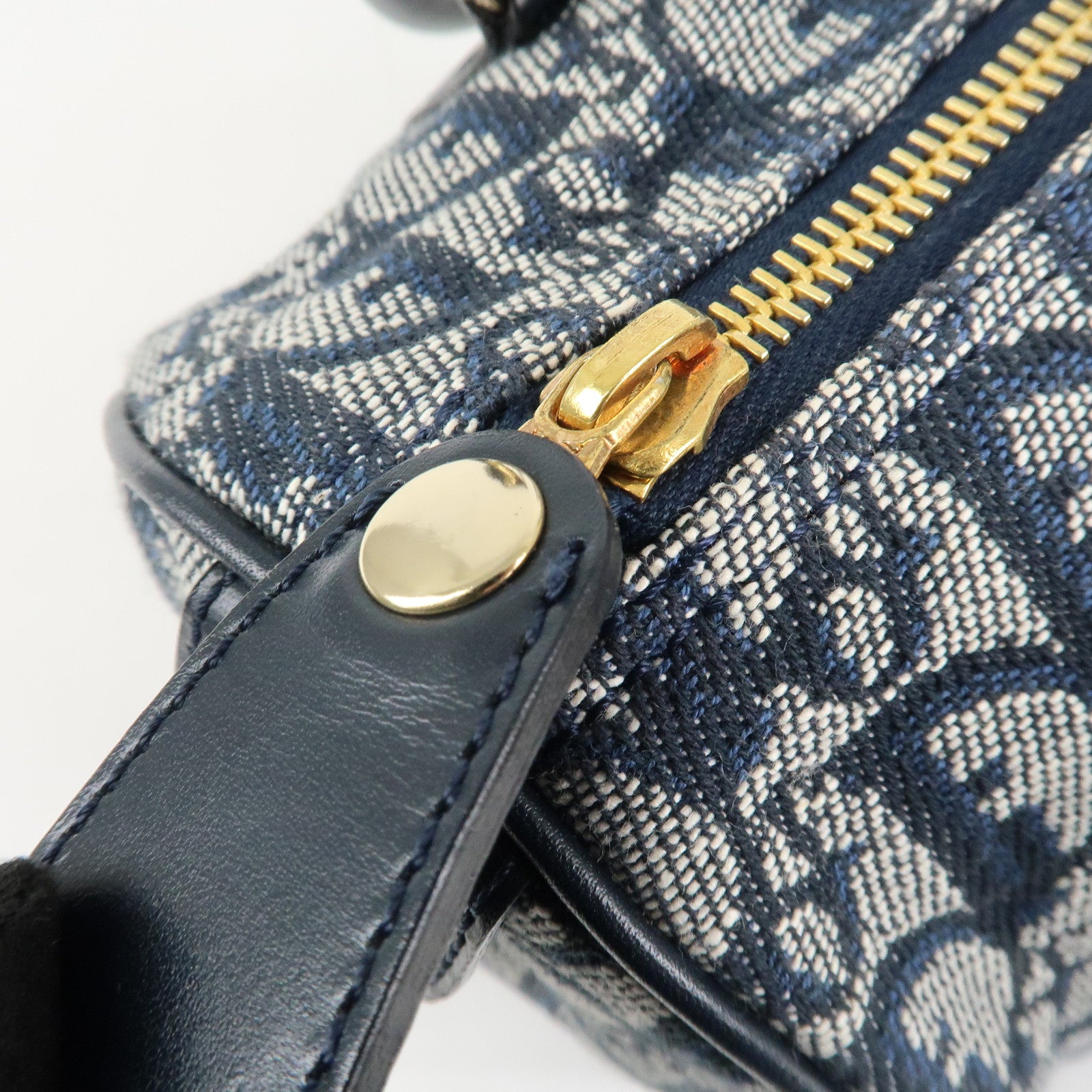 Christian Dior Trotter Leather Canvas Boston Bag Navy White Used