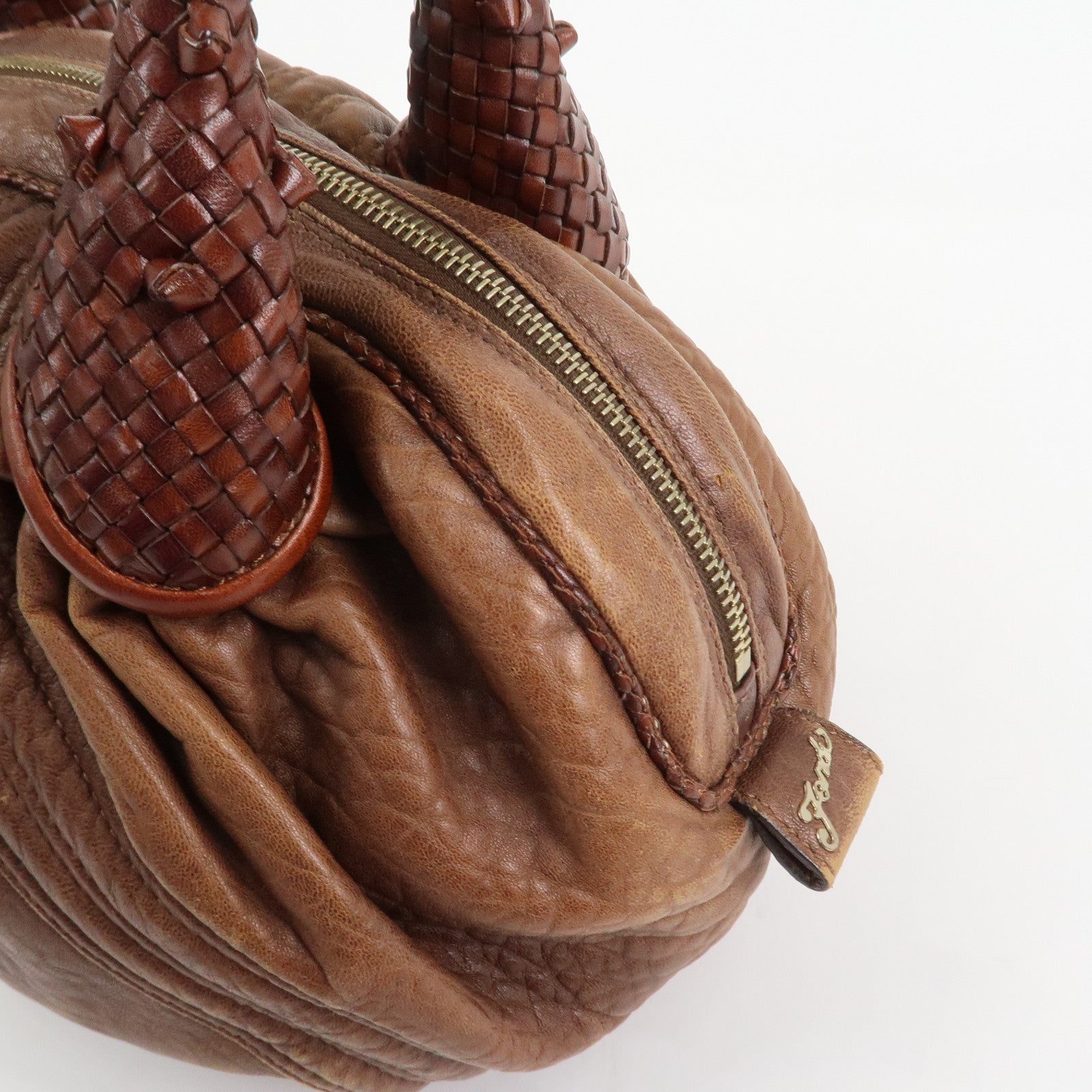 FENDI Logo Leather Mini Spy Bag Hand Bag Brown 8BL078