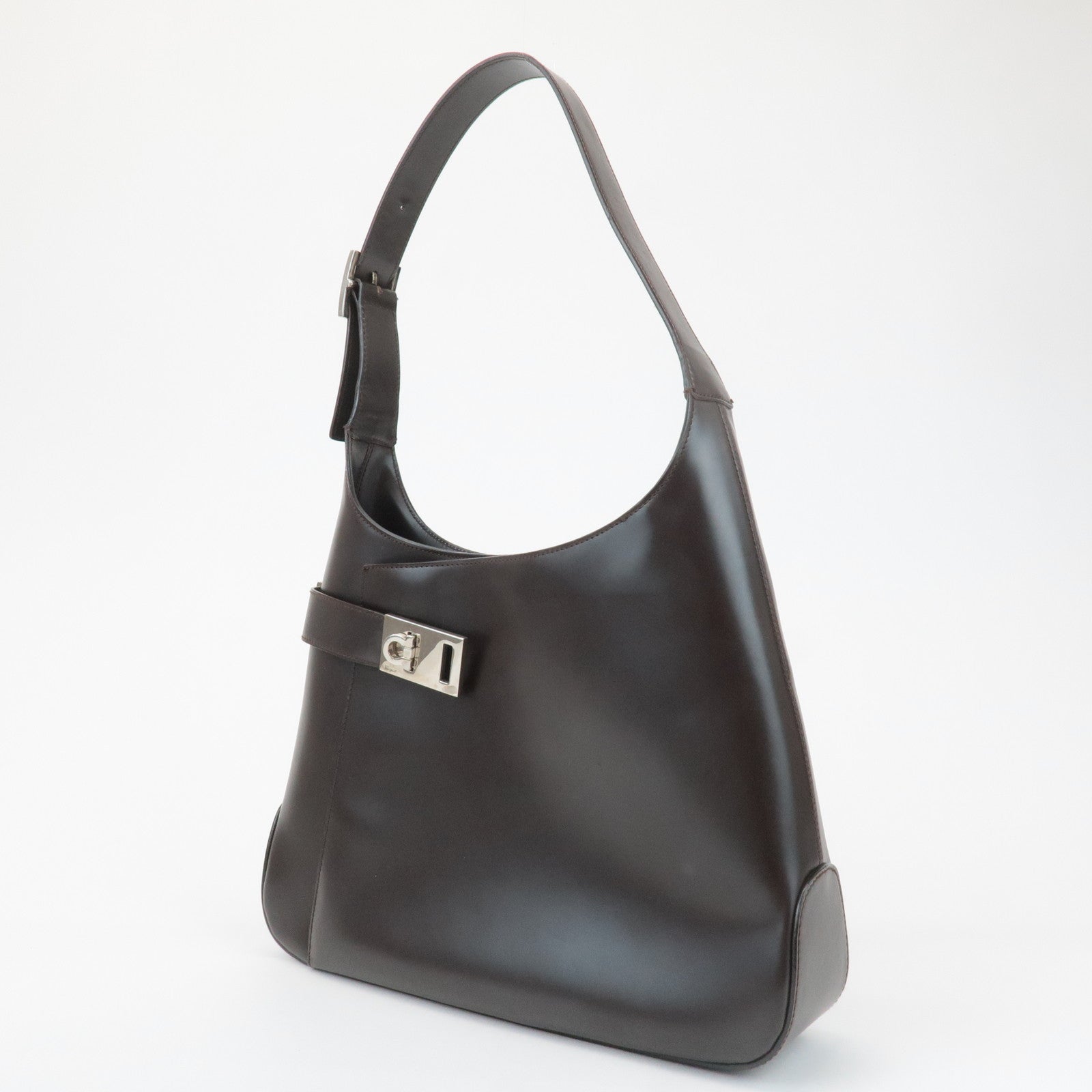 Ferragamo Gancini Leather Shoulder Bag Hand Bag Dark Brown Used