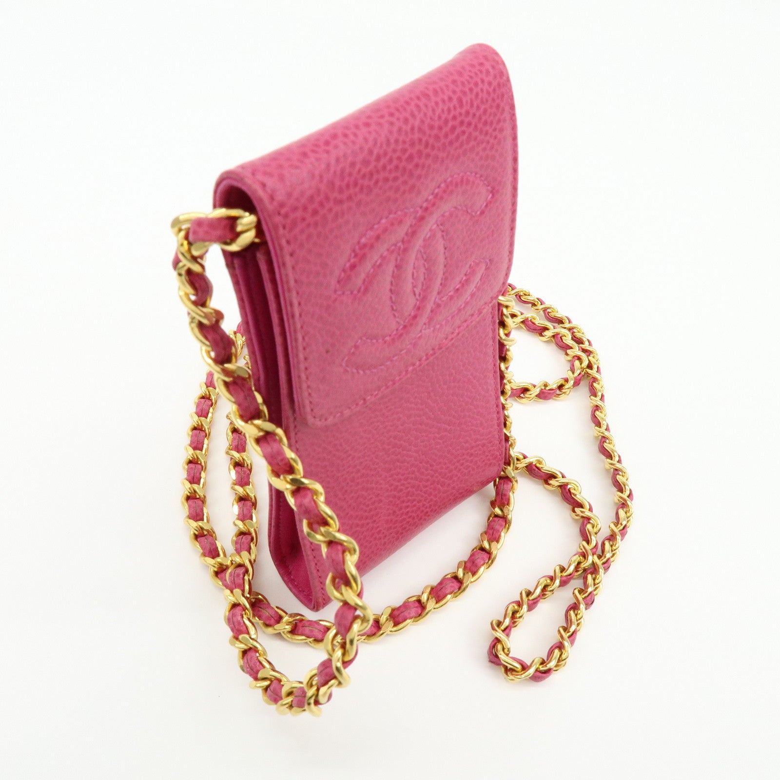 CHANEL COCO Mark Caviarskin Chain Shoulder Bag Phone Pouch Pink