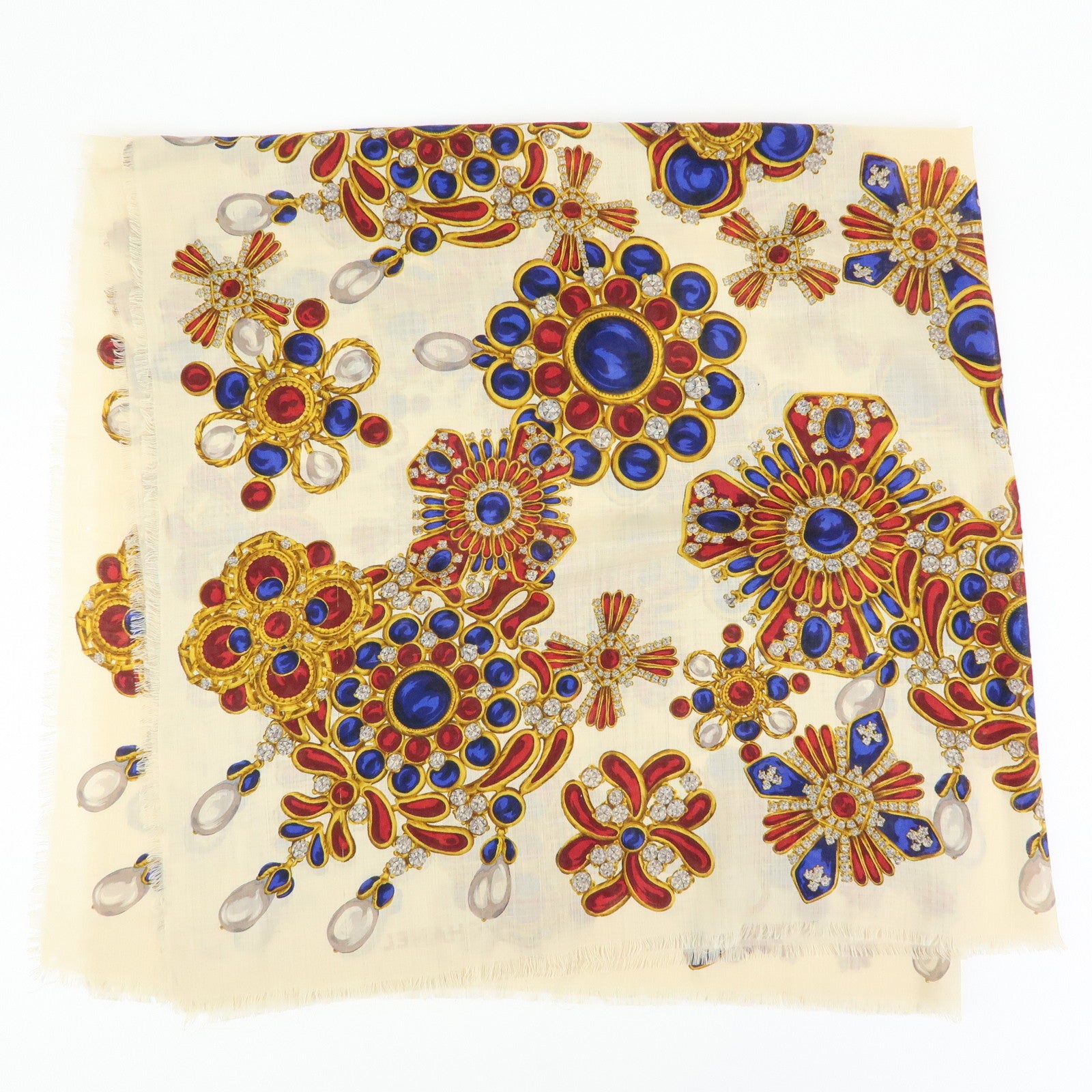 CHANEL Wook Silk Jewlry Pattern Scarf Beige Gold Red Blue