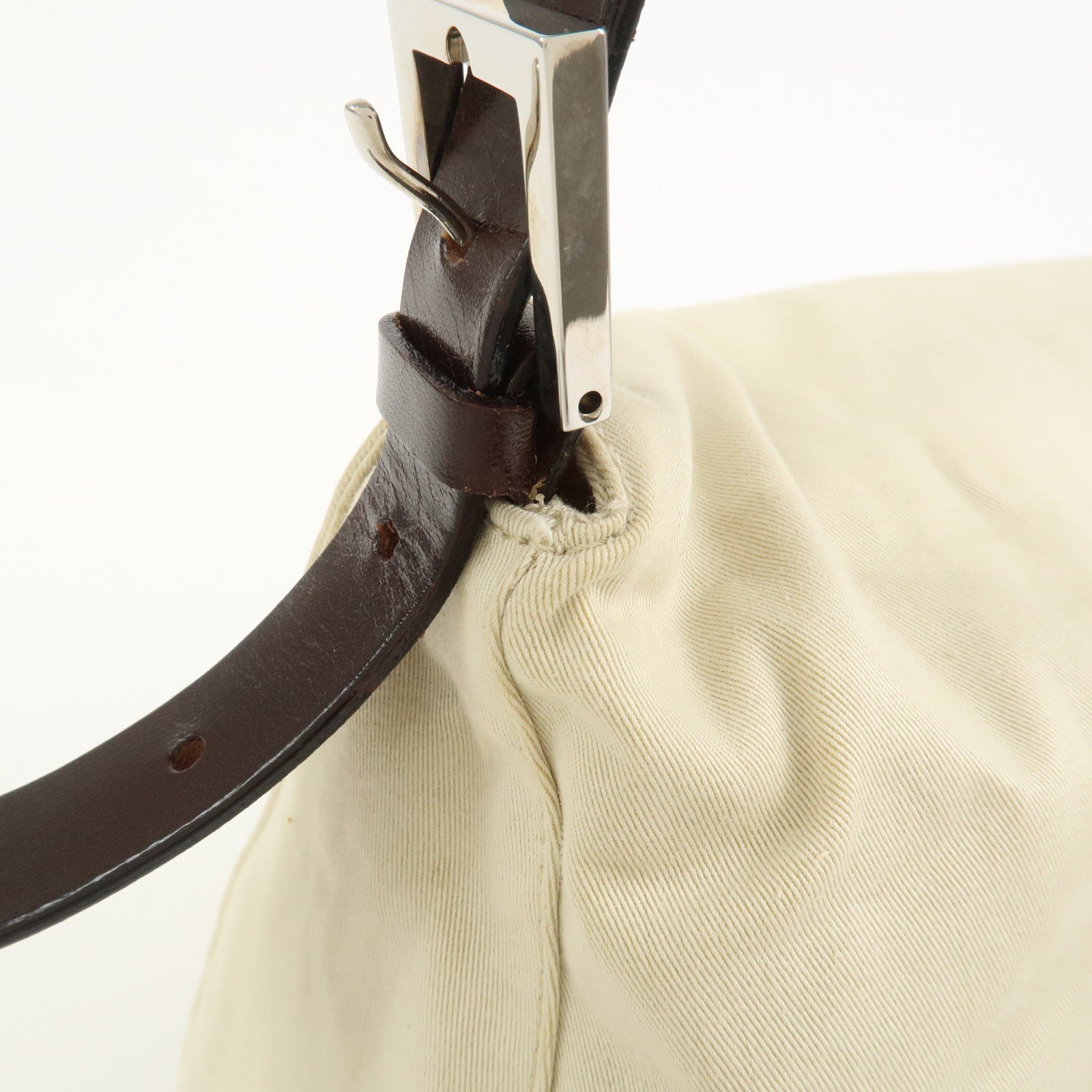 FENDI Mamma Baguette Canvas Leather Shoulder Bag Ivory Brown 26325