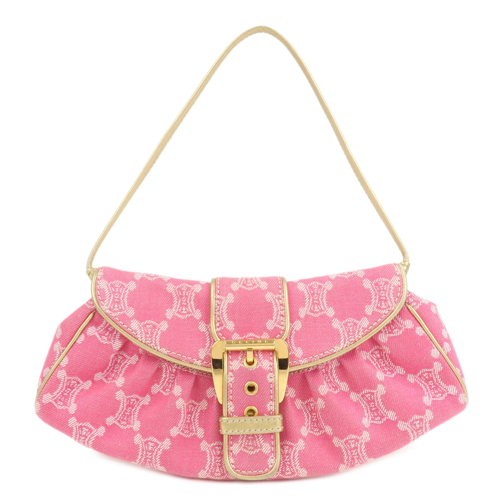 CELINE Triomphe Leather Canvas Shoulder Bag Hand Bag Pink Gold