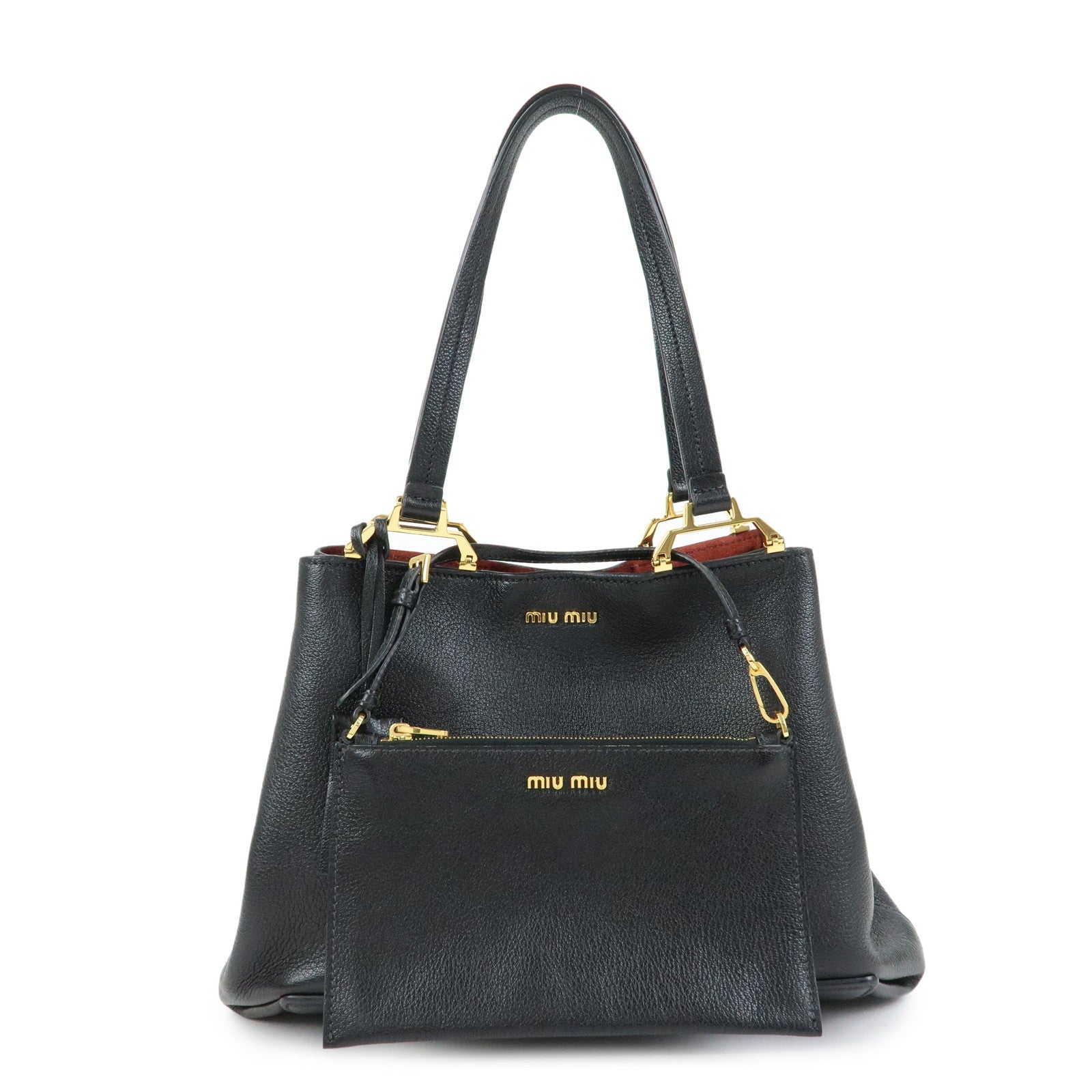 MIU MIU Logo Madras Leather Tote Bag Shoulder Bag Hand Bag Black