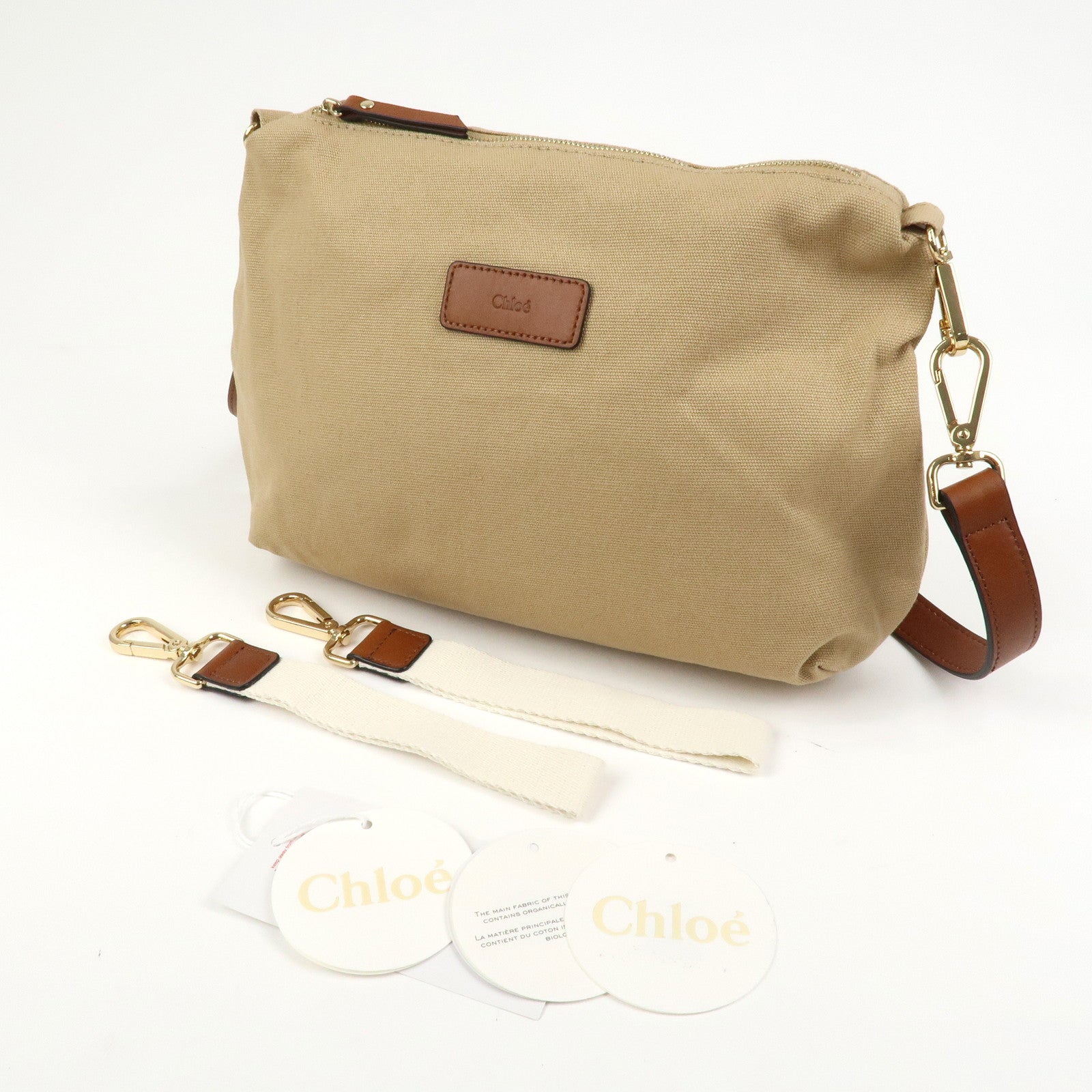 Chloe Logo 2Way Canvas Leather Shoulder Bag Crossbody Bag Beige