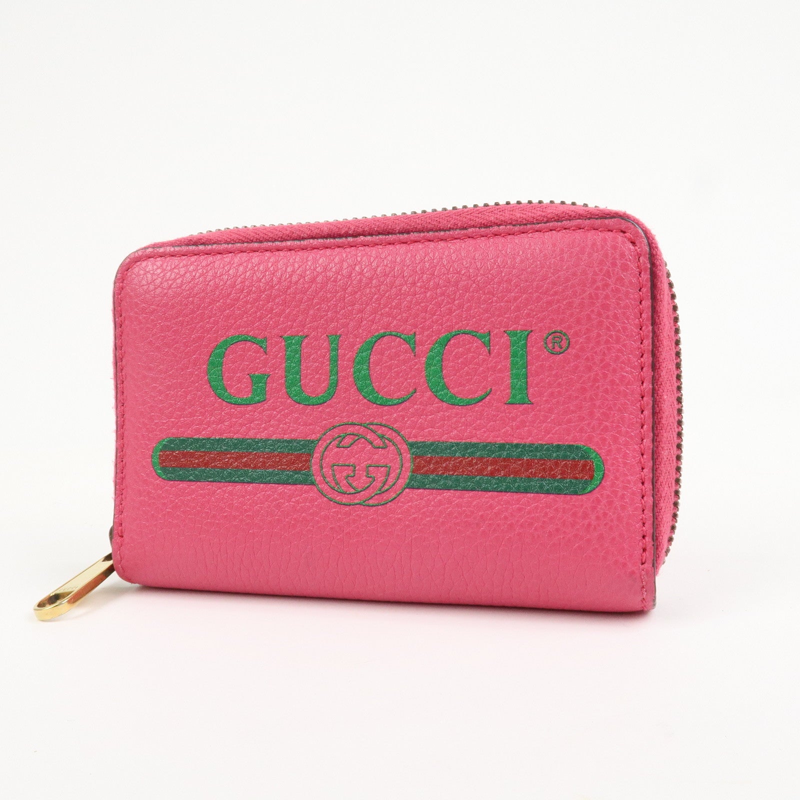 GUCCI Sherry Leather Logo Print Round Zipper Coin Case Pink 496319