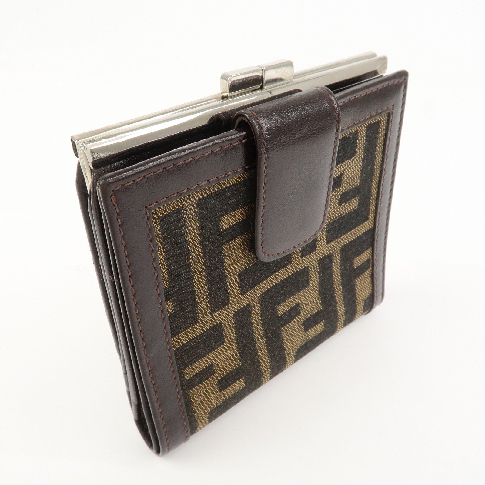 FENDI Zucca Canvas Leather Bi-fold Compact Wallet Brown Black