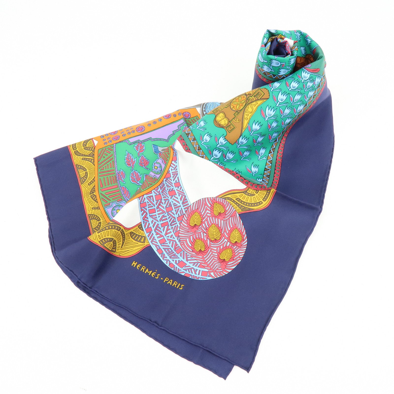 HERMES Carre 90 Silk 100% Scarf ART des STEPPES Horse Print Navy