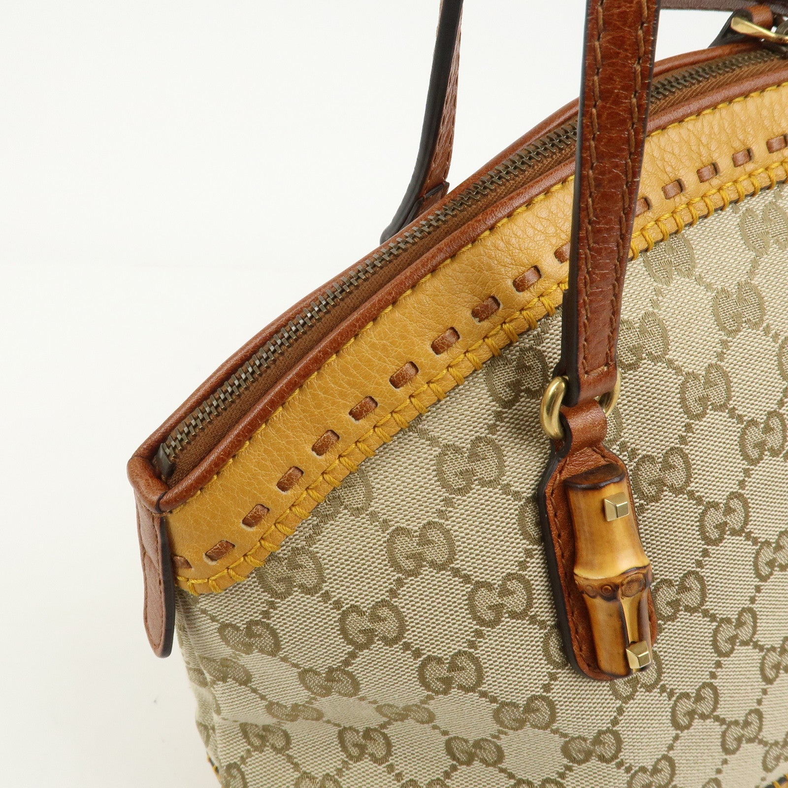 GUCCI Bamboo GG Canvas Leather Crafty Tote Bag Brown 339002