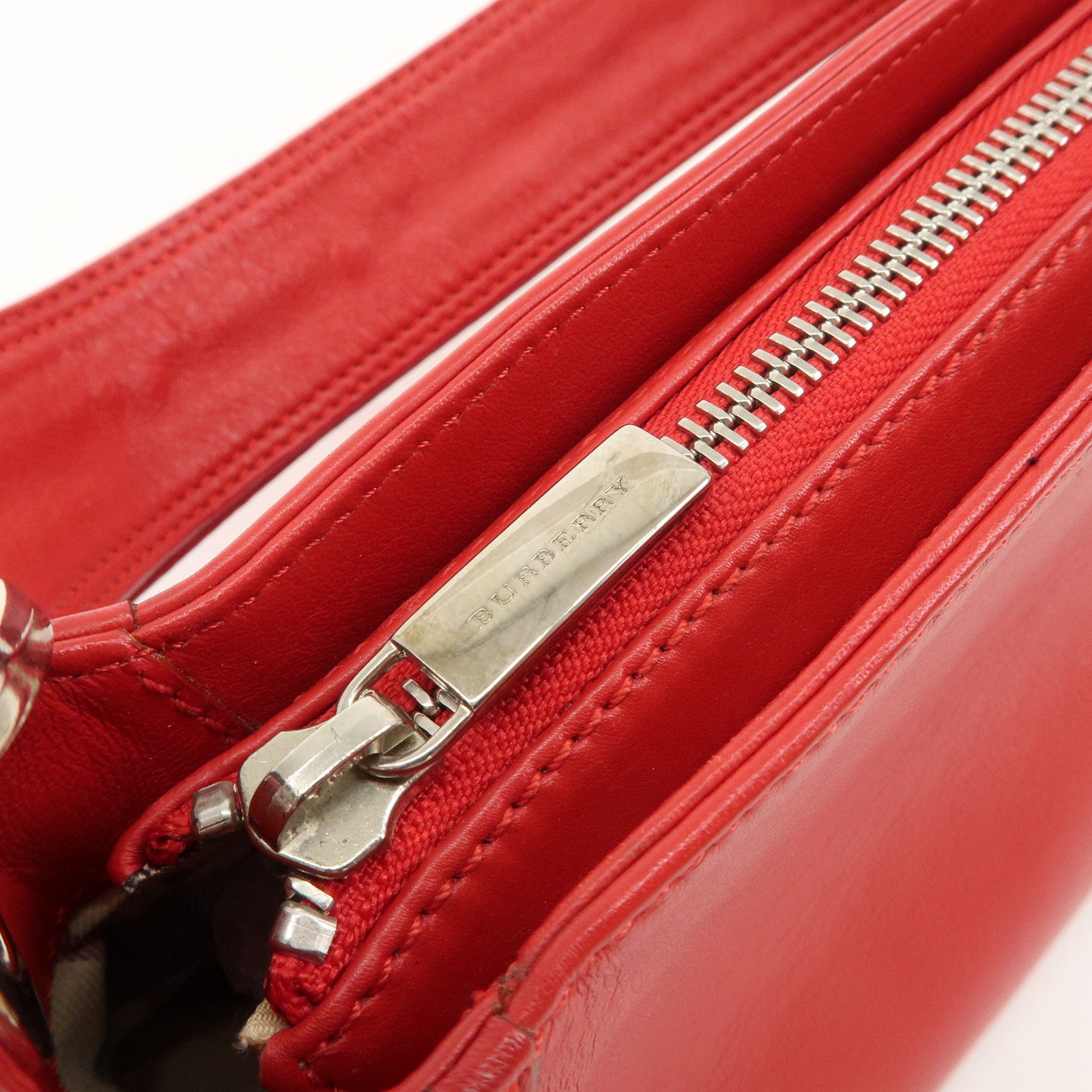 BURBERRY Logo Leather Shoulder Bag Mini Hand Bag Red Used