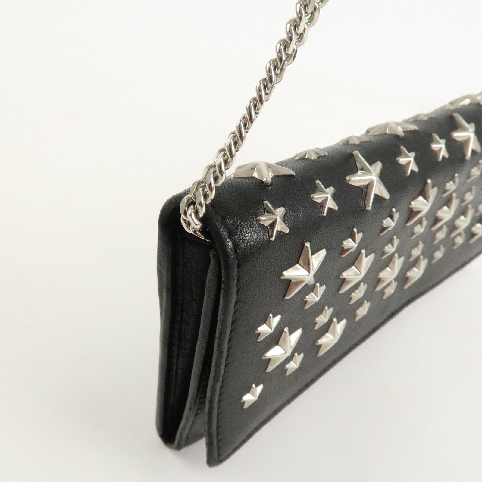 JIMMY CHOO Leather Studs Chain Wallet Shoulder Bag Black Used