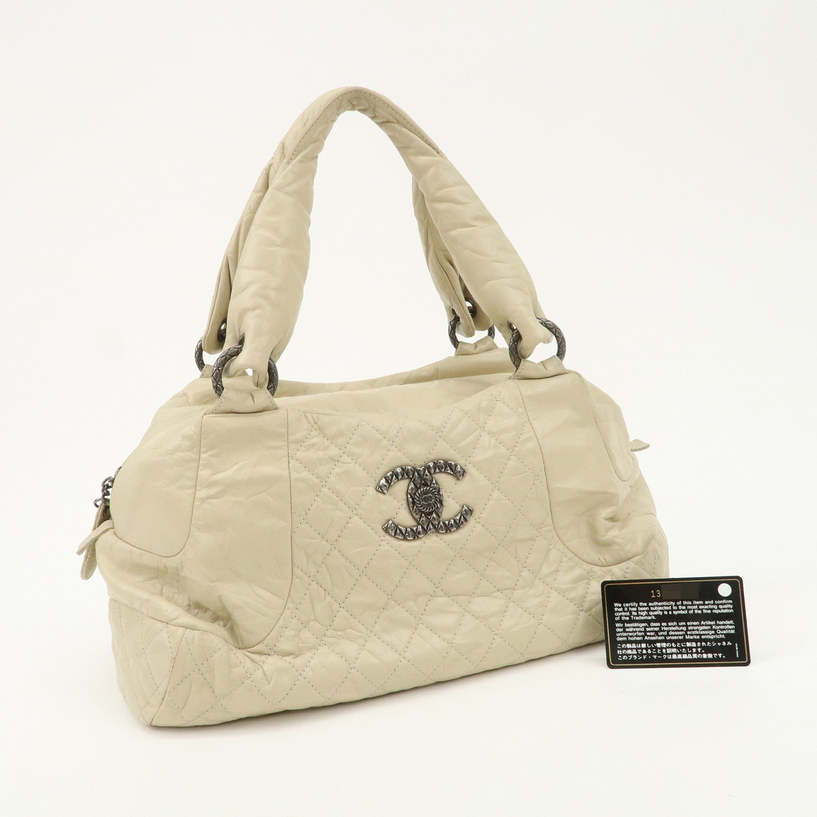 CHANEL Matelasse Leather COCO Mark Boston Bag Ivory Used