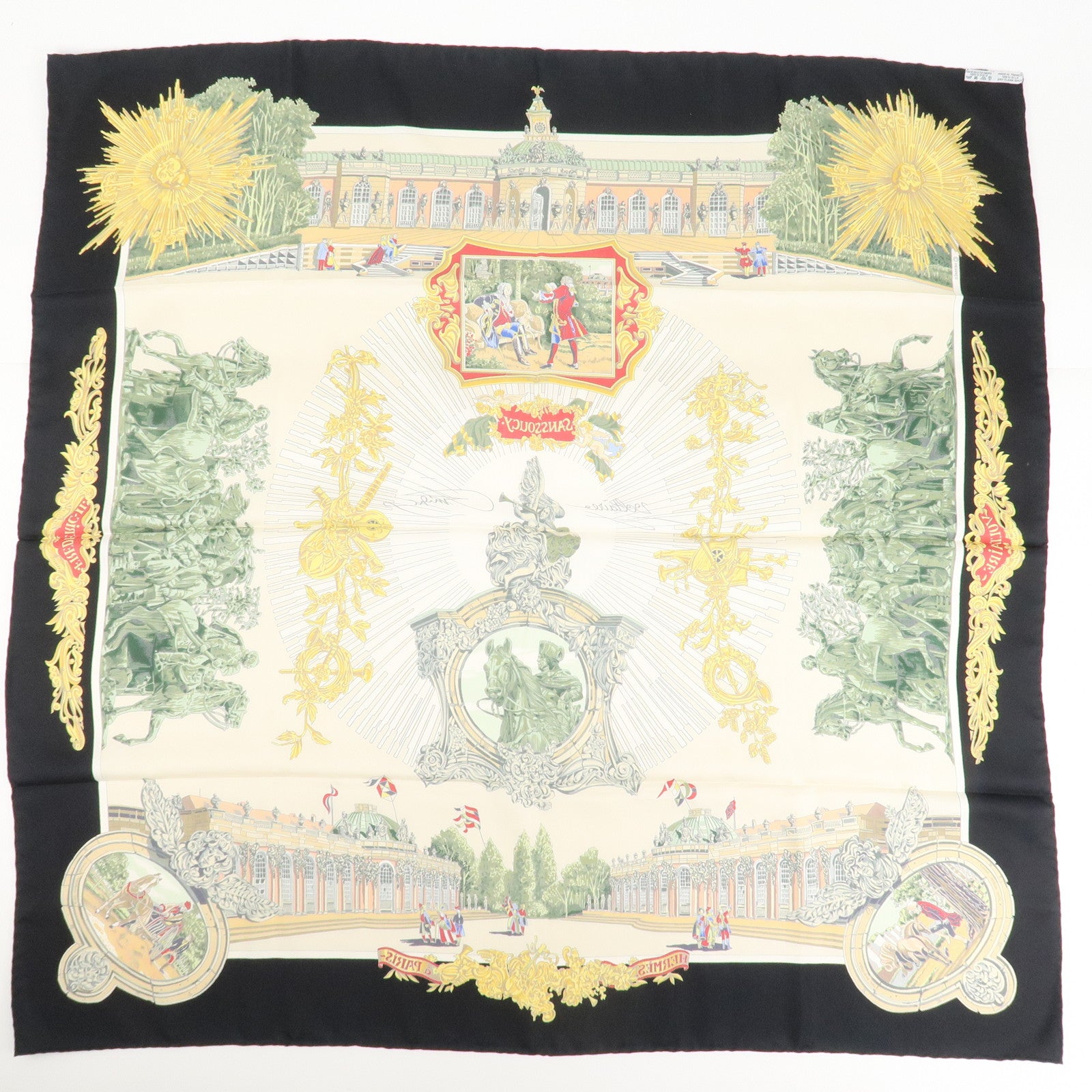 HERMES Carre 90 Silk 100% Scarf SANSSOUCY Gold Back Ivory Used