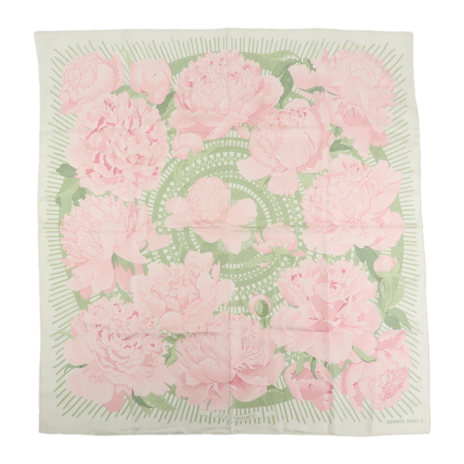 HERMES Carre 90 Silk 100% Scarf Les Pivoines Pink Light Green