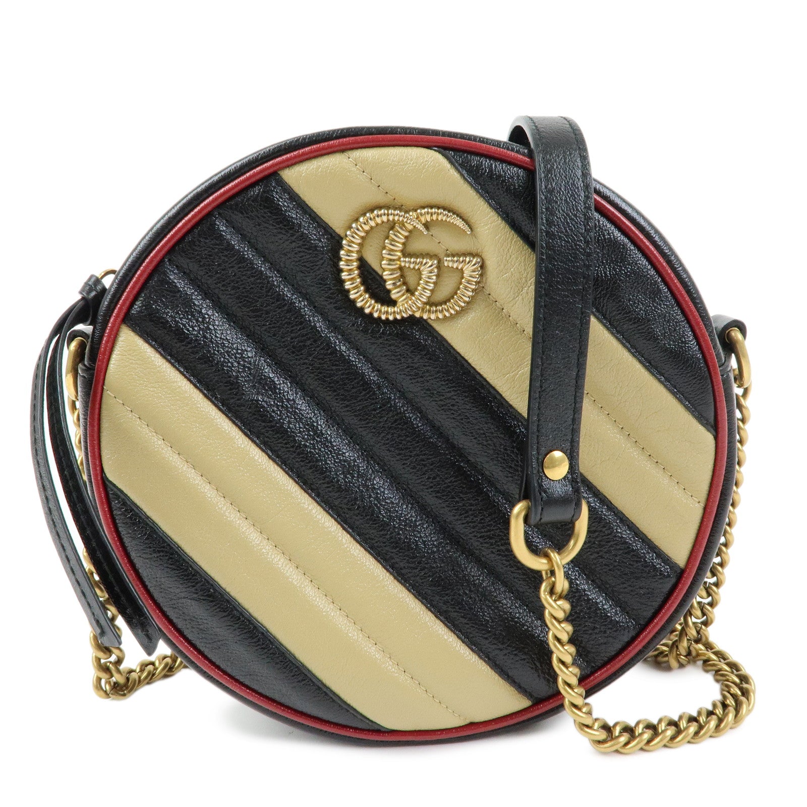 GUCCI GG Marmont Leather Chain Shoulder Bag Black Beige 550154