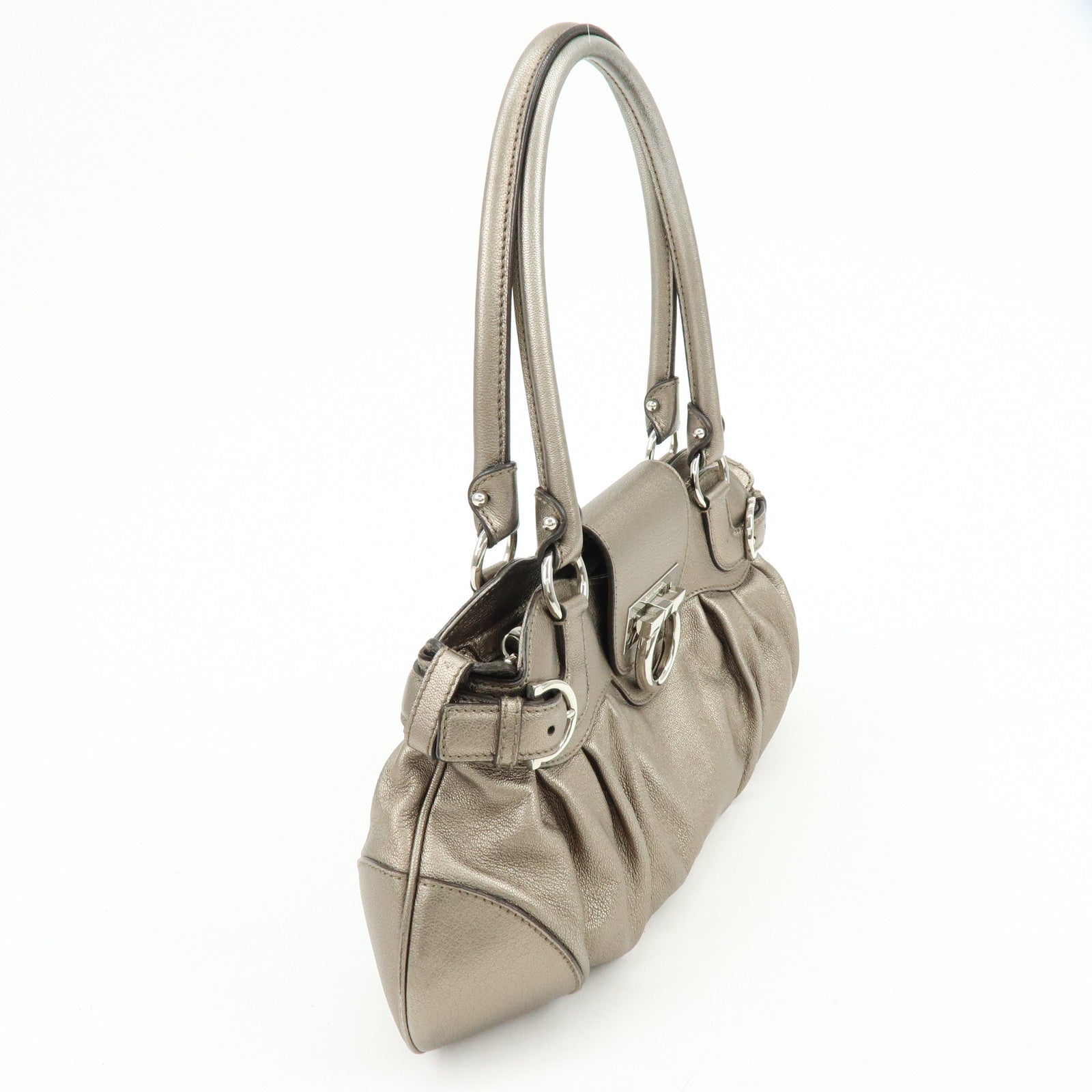 Ferragamo Gancini Leather Hand Bag Shoulder Bag Bronze
