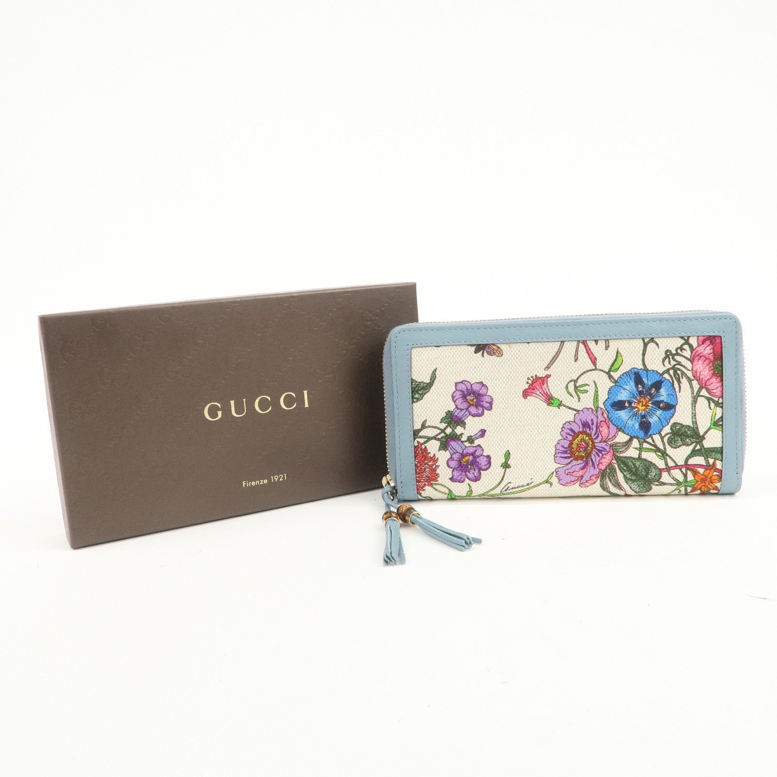 GUCCI Flora Bamboo Canvas Leather Round Zippy Long Wallet 356708
