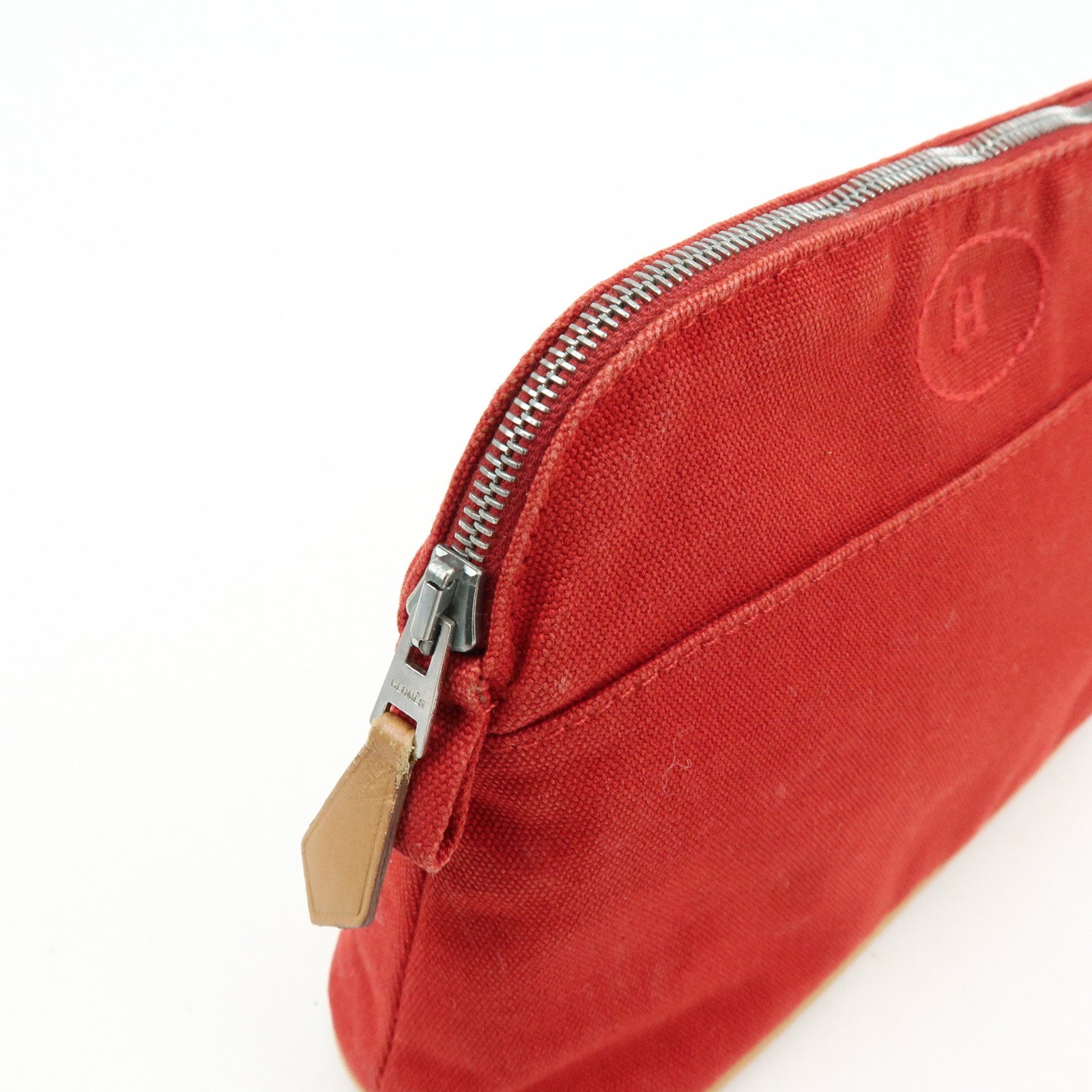 HERMES Bolide Cotton Leather Pouch Cosmetic Pouch Red