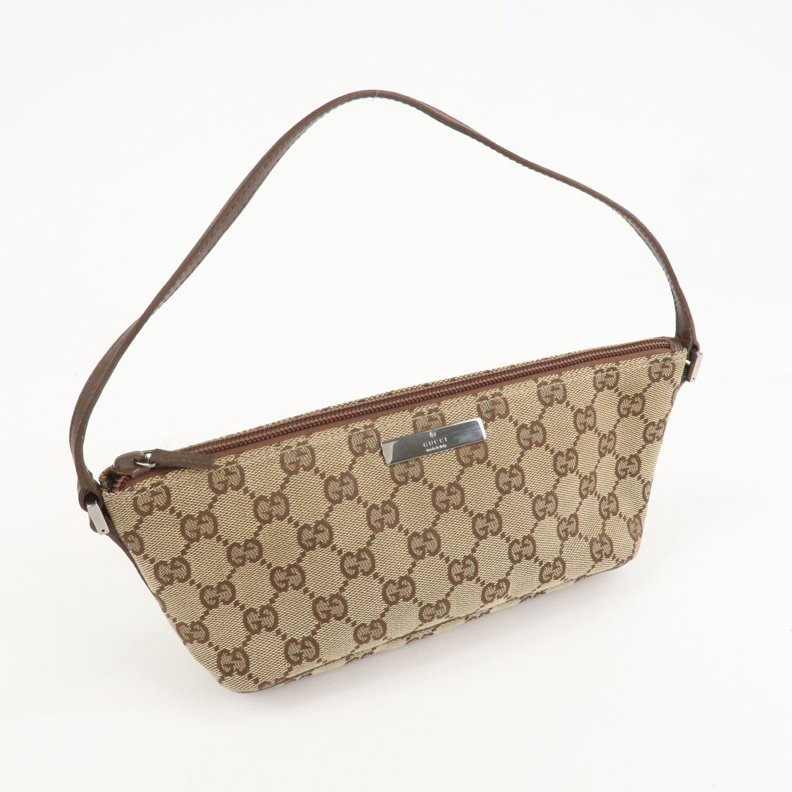 GUCCI GG Canvas Leather Bag Hand Bag Pouch Beige Brown 07198 Used