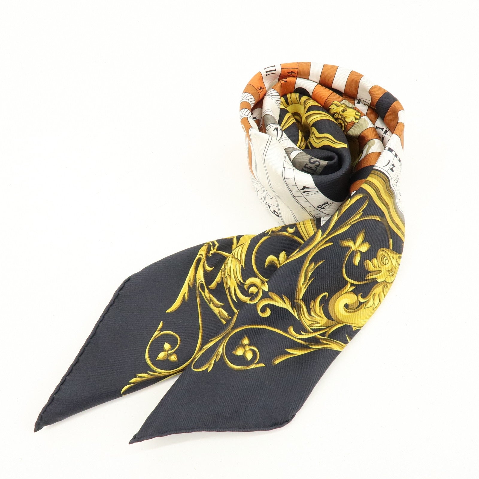 HERMES Carre 90 Silk 100% Scarf DIES ET HORE Black Gold White
