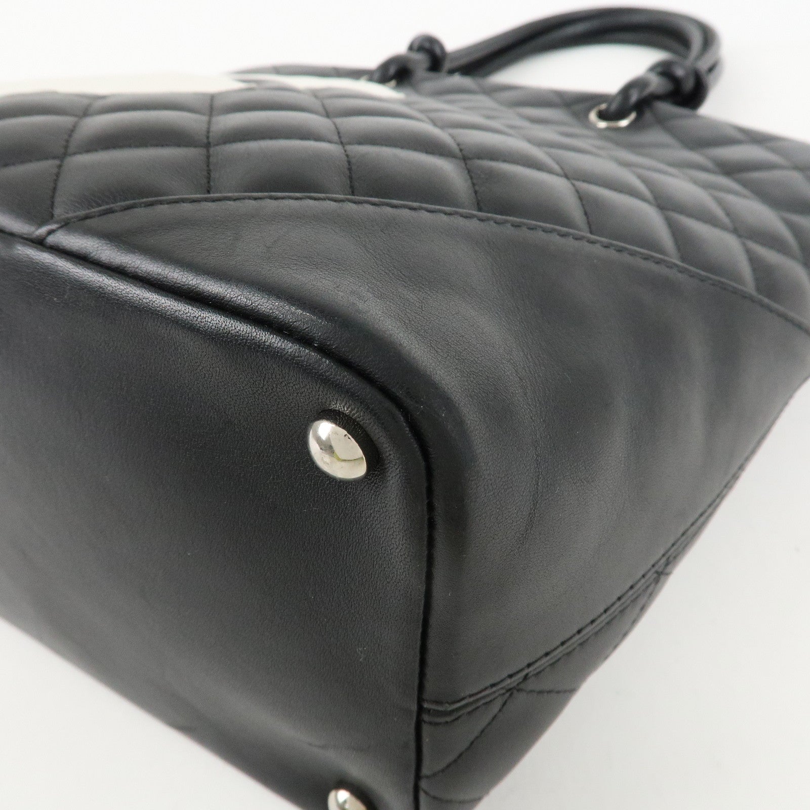 CHANEL Cambon Line COCO Mark Lamb Skin Small Tote Bag Black A25166 Used