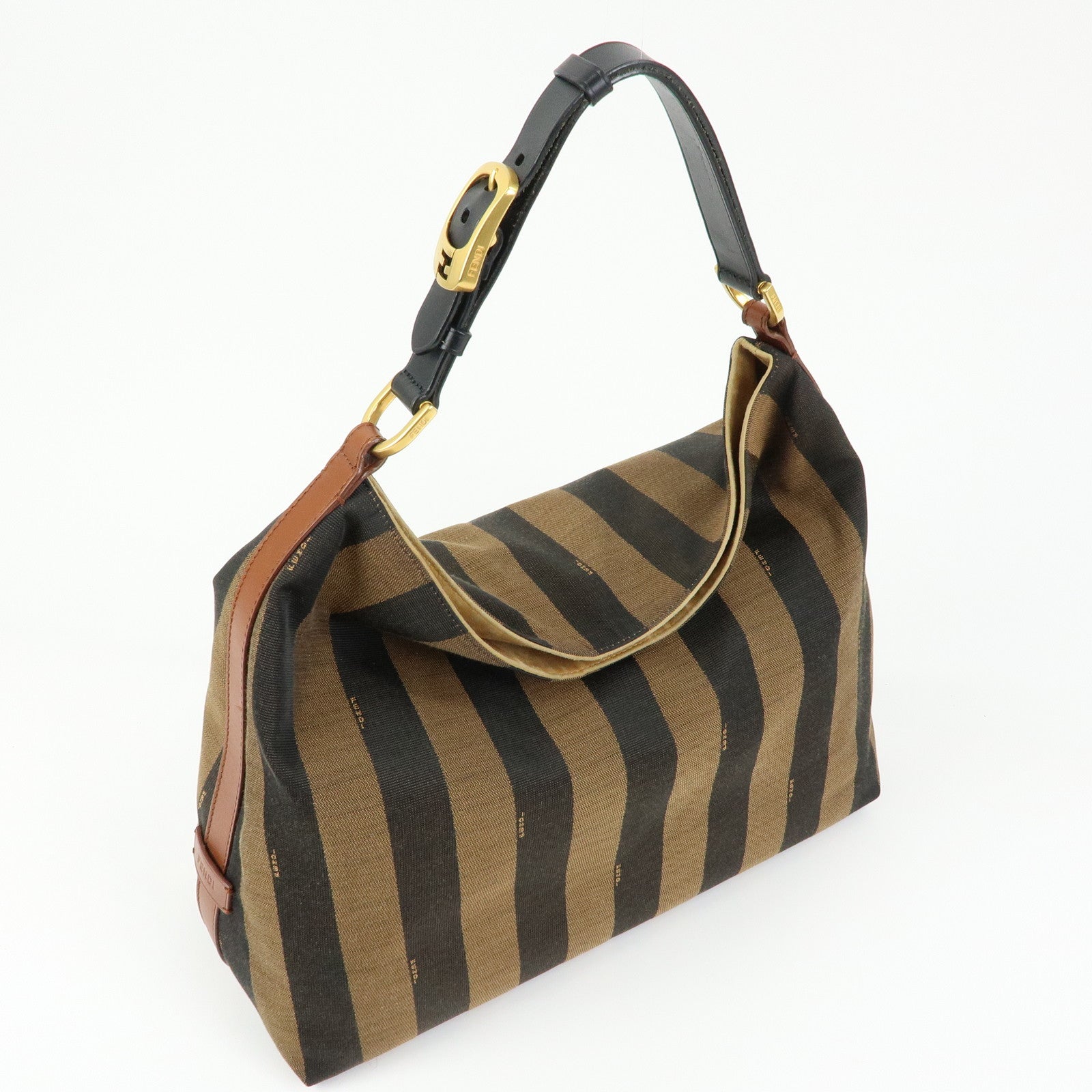 FENDI Pequin Canvas Leather Shoulder Bag Brown Black 8BR653