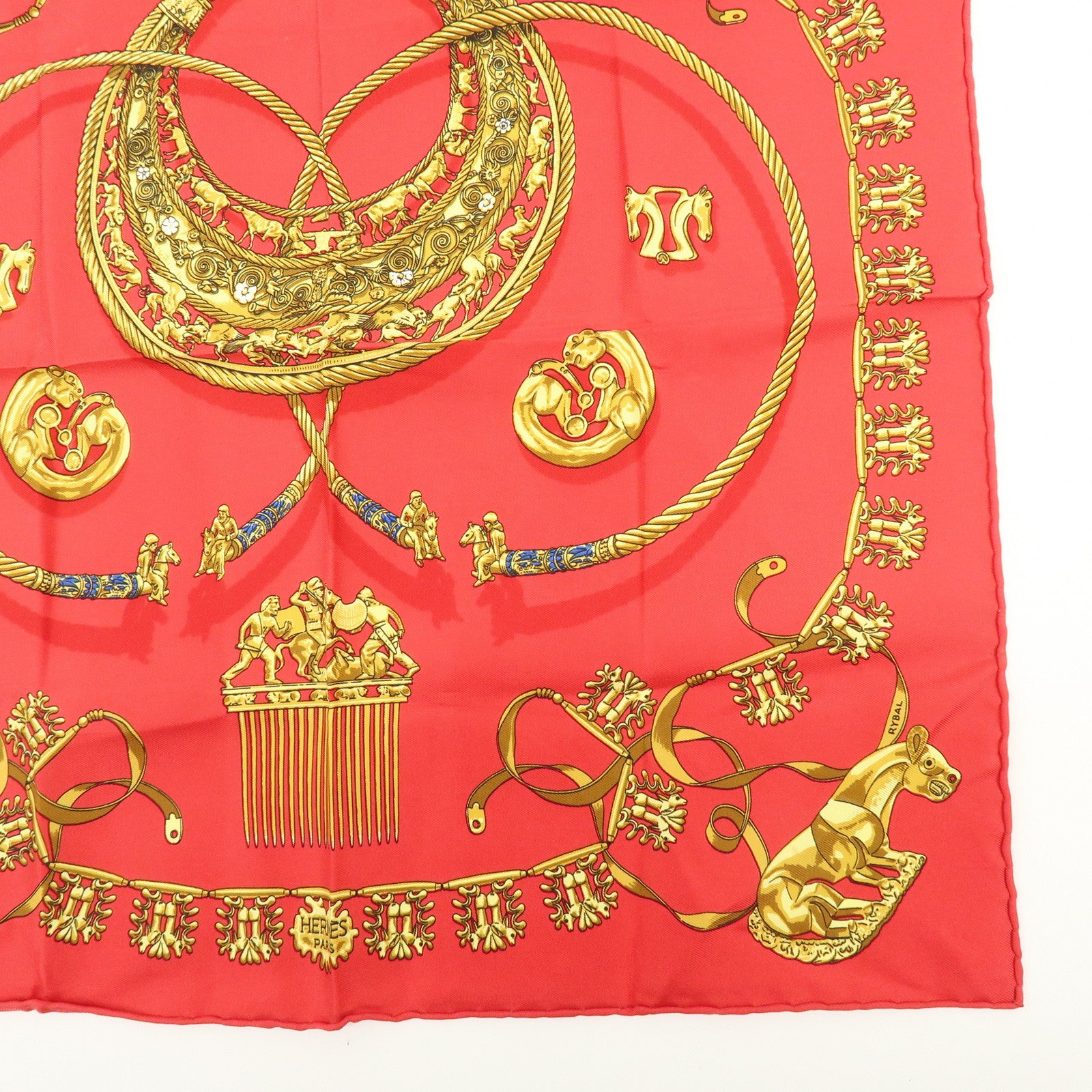 HERMES Carre 40 Silk Scarf LES CAVALIERS D'OR Knight Motif Red Gold